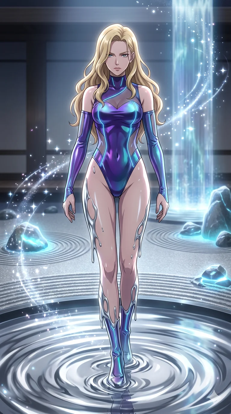 score_9, masterpiece, best quality, ultra-detailed, High-budget Anime Keyframe, vibrant colors, fluid line-art, expressive lighting, cinematic composition, Ufotable-style visual effects, top-tier animation quality, Caucasian woman with pale skin, blonde hair, and (strictly human ears). Dynamic full-body shot stretching the vertical silhouette, capturing her from a powerful low-angle perspective. Emerging slowly from a pool of liquid silver, the metallic substance clinging to her skin before transforming into her outfit. She has an absolutely perfect 8-heads proportion, an exceptionally tall and slender female figure with impossibly long slender legs and an ultra-slim waist, her statuesque height and towering silhouette dominating the vertical 9:16 frame. Her face is a masterpiece featuring a sharp v-shaped jawline, high-bridge nose, intricate jewel-like eyes with depth, thick eyelashes, and glossy lips with a natural sheen. She is wearing a Asymmetrical high-cut tech-bodysuit with detached sleeves and glowing fiber-optic seams crafted from Iridescent vinyl with a futuristic sheen that shifts between violet and cyan, with sheer fabric transparency over her delicate curves and a high-cut silhouette. The scene is set in a serene Zen garden with metallic sand, glowing stones, and a holographic waterfall, illuminated by cinematic lighting with dramatic rim light that highlights her slender silhouette. 2k, ultra detail, master piece, 9:16 ratio