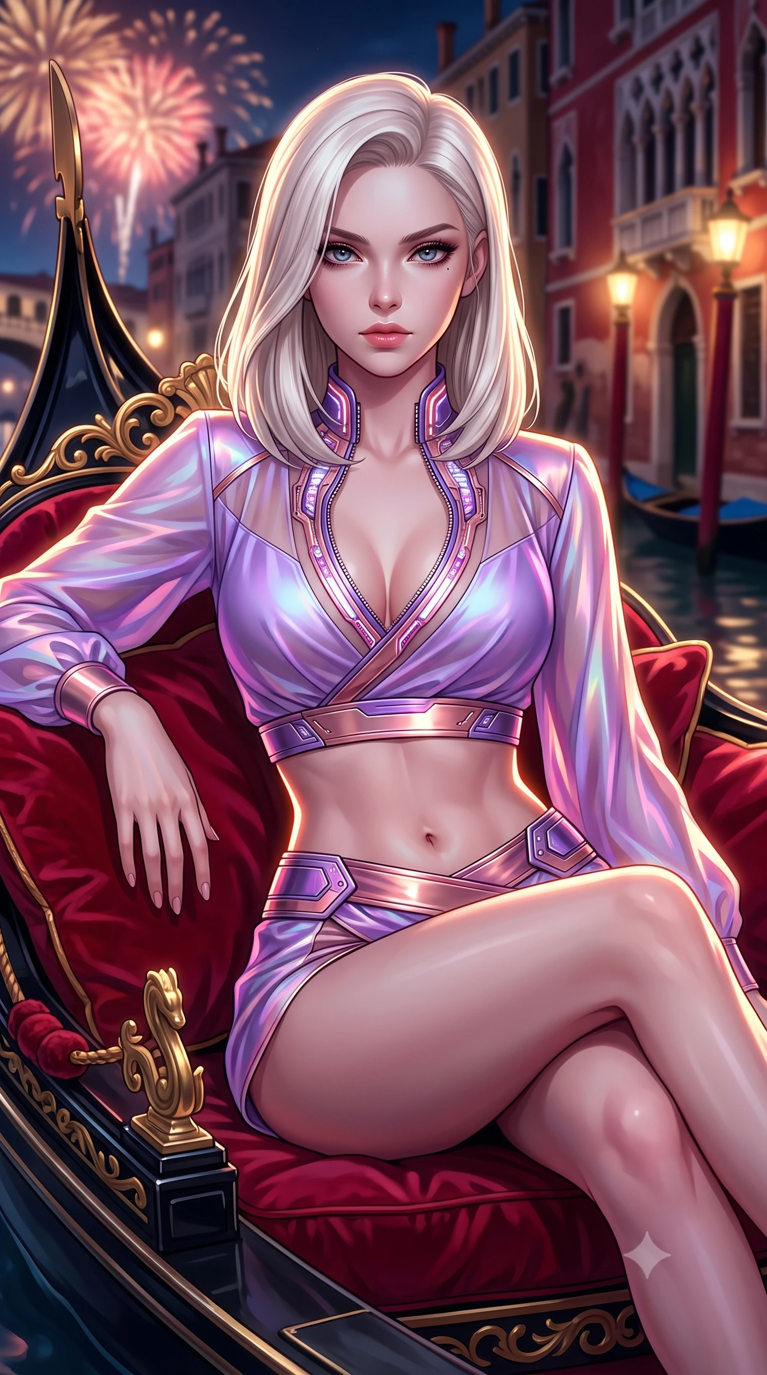 score_9, masterpiece, best quality, ultra-detailed, high-budget anime keyframe, semi-realistic 3D game render, editorial fashion photography, tasteful artistic composition, Caucasian woman. close-up cowboy shot from the waist and thighs up, the character dominates the composition, filling the frame with her large presence. gazing directly into the lens with bedroom eyes and a breathtaking, dangerous allure that commands the entire composition while reclining seductively across crimson velvet cushions on an ornate black and gold gondola gliding along Venice's Grand Canal. The composition keeps background elements in soft focus with creamy bokeh. historic Venetian palazzo facades and glowing canal lanterns blurred into rich crimson, amber, and gold bokeh. She has an exceptionally elegant, slender, and willowy female figure with an ultra-slim waist, a gracefully sculpted slender torso, toned flat midriff, and a refined slim silhouette. sharp v-shaped jawline, high-bridge nose, intricate jewel-like eyes with depth, thick eyelashes, glossy lips with a natural sheen, flawlessly proportioned anatomical accuracy, strict slender model proportions, natural body alignment, perfectly sculpted long slender limbs, ultra-slim waistline, clean dynamic posture without body distortion. wearing a shortened cyber-fusion wrap top with transparent chiffon panels, a deep crossover neckline, and a high-waisted metallic sash that accentuates her ultra-slim waist in luminous lavender violet and rose gold, made of smooth iridescent silk chiffon that shifts colors with movement, featuring a dangerously unzipped neckline framed by glowing cybernetic accents, the liquid-tight tailored fabric emphasizing every curve of her tall, slender model proportions and sculptured silhouette during dynamic movement. illuminated by dramatic firework rim lights sharply defining her ultra-slim waist and long legs. highly saturated vibrant anime colors, detailed shading with soft gradients, rich glossy textures, high-contrast stereoscopic depth, volumetric dynamic lighting, master piece, 9:16 ratio