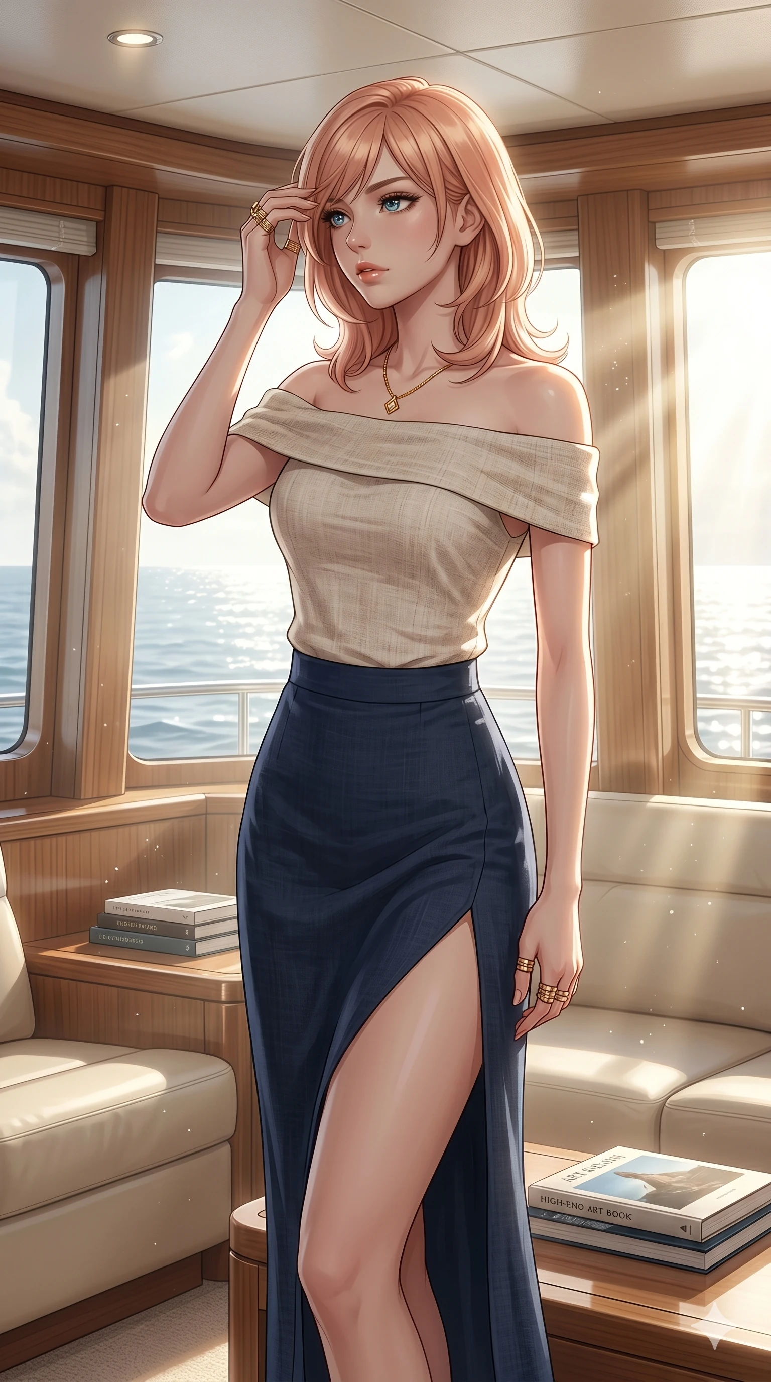 score_9, masterpiece, best quality, ultra-detailed, high-budget anime keyframe, editorial fashion photography, tasteful artistic composition, Japanese woman. cowboy shot from the thighs up, character and outfit filling the frame for maximum editorial presence. wiping a lock of hair from her forehead, her expression cool and contemplative as she turns her head inside a private yacht cabin lounge with a large window showing the sunbeams reflecting off the ocean (Code-P099). She has an absolutely perfect 8-heads proportion, an exceptionally tall and slender female figure with impossibly long slender legs and an ultra-slim waist. V-shaped jawline, high-bridge nose, intricate jewel-like eyes with depth, thick eyelashes, glossy lips with a natural sheen. wearing a beige off-shoulder top showing her elegant clavicle lines, and a split linen skirt. bathed in soft morning sunbeams flowing into the room, creating a bright, glowing atmosphere. 2k, ultra detail, master piece, 9:16 ratio