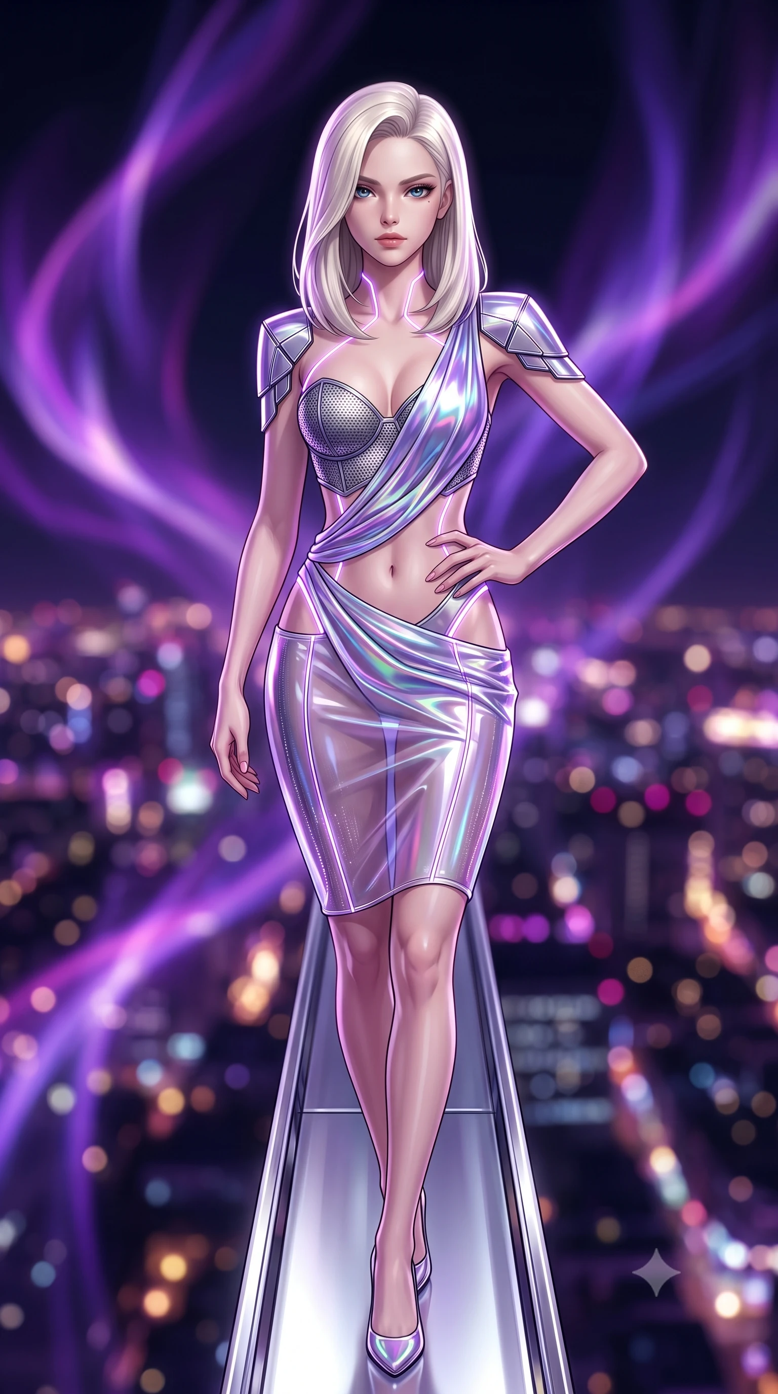 score_9, masterpiece, best quality, ultra-detailed, high-budget anime keyframe, semi-realistic 3D game render, editorial fashion photography, tasteful artistic composition, Caucasian woman. close-up cowboy shot from the waist and thighs up, the character dominates the composition, filling the frame with her large presence. twisting her upper body in a dynamic S-curve with commanding allure, one hand resting on her slender waist with haughty grace while stepping along a narrow chrome gantry extending into the open night air with commanding supermodel grace. The composition keeps background elements in soft focus with creamy bokeh. swirling violet plasma aurora ribbons and glowing city grid lights blurred into rich purple, magenta, and gold bokeh. She has an exceptionally elegant, slender, and willowy female figure with an ultra-slim waist, a gracefully sculpted slender torso, toned flat midriff, and a refined slim silhouette. sharp v-shaped jawline, high-bridge nose, intricate jewel-like eyes with depth, thick eyelashes, glossy lips with a natural sheen, flawlessly proportioned anatomical accuracy, strict slender model proportions, natural body alignment, perfectly sculpted long slender limbs, ultra-slim waistline, clean dynamic posture without body distortion. wearing a structured titanium-mesh bustier with geometric shoulder pauldrons and an ultra-slender liquid jersey drape in iridescent holographic chrome with prism violet highlights, tailored from semi-translucent cybernetic vinyl with glowing micro-filaments, accented with glowing fiber-optic seams tracing her collarbones and hip curves, the precision-cut daring openings accentuating her delicate midriff, graceful bare collarbones, and ultra-slim feminine waistline. illuminated by crisp white key lighting with sharp specular highlights tracing her ultra-slim waist and long legs. rich saturated anime colors with glowing neon highlights, detailed shading with soft gradients, rich glossy textures, high-contrast stereoscopic depth, volumetric dynamic lighting, master piece, 9:16 ratio