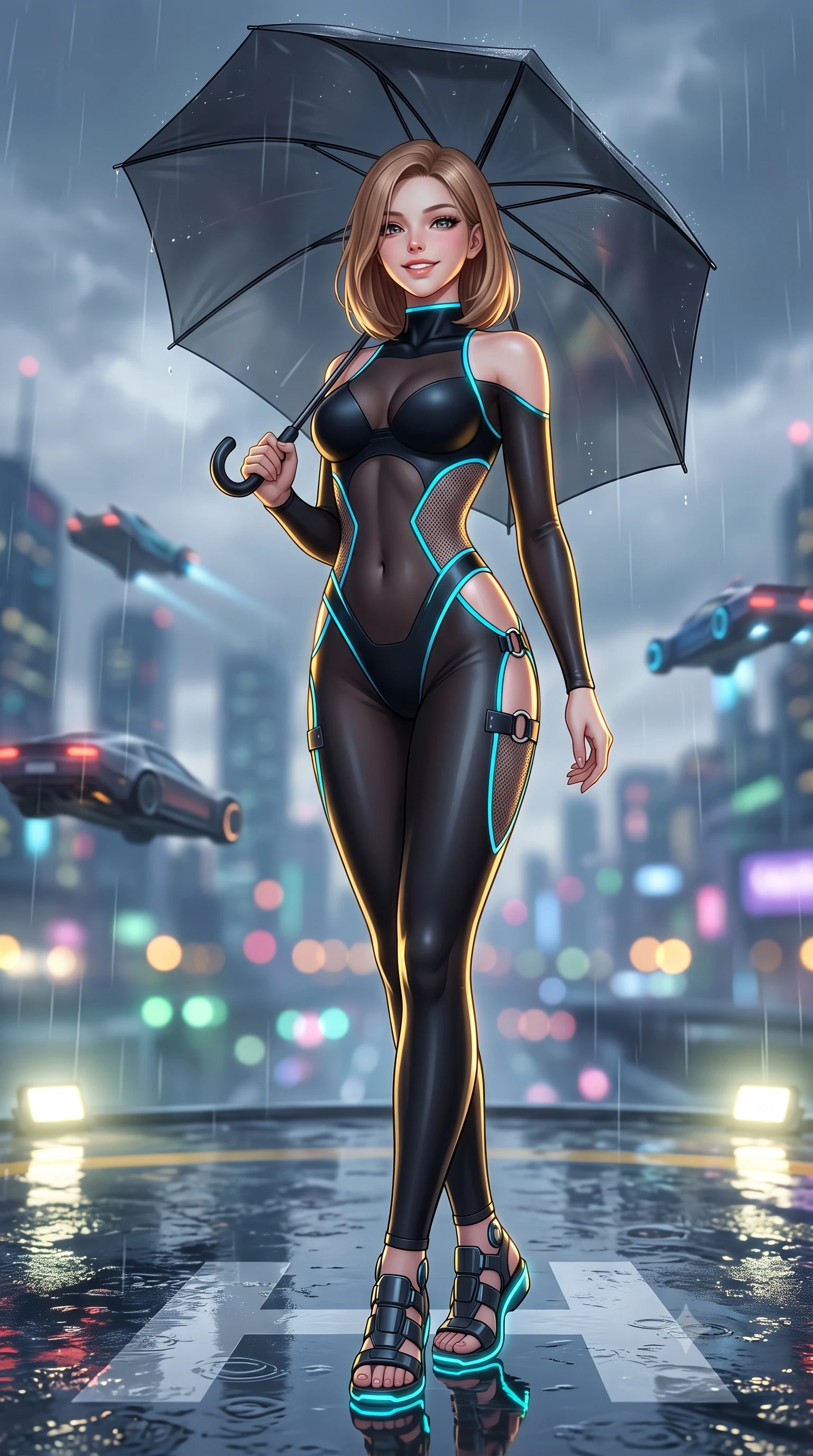 score_9, masterpiece, best quality, ultra-detailed, high-budget anime keyframe, semi-realistic 3D game render, editorial fashion photography, tasteful artistic composition, Korean woman. low angle full-body shot from head to toe showing her feet, filling the entire 9:16 vertical frame with her statuesque presence, stretching her vertical silhouette. sitting perched on the elevated maintenance gantry edge with legs crossed and hips angled toward the camera, displaying her toned midriff and long slender limbs with joyful, coquettish charm while standing poised on the wet reflective helipad under a black transparent umbrella, arching her back with sovereign supermodel poise. The background shows a soft-focus flying spinner vehicles cutting through rain clouds and illuminated landing lights softened in moody cyberpunk shallow focus. She has an absolutely perfect, statuesque 8.5-heads proportion, an exceptionally tall and slender model-like female figure with impossibly long slender legs, an ultra-slim waist, a flat toned midriff, narrow delicate ribcage, and beautifully sculpted feminine hips creating a graceful, slim hourglass silhouette without any bulky heaviness. sharp v-shaped jawline, high-bridge nose, intricate jewel-like sparkling eyes with depth, thick eyelashes, glossy parted lips with a natural sheen, bright confident smile with an enchanting and coquettish sensual glint, exuding both youthful magnetic charm and sovereign high-tech allure, flawlessly proportioned anatomical accuracy, strict slender model proportions, natural body alignment, perfectly sculpted long slender limbs, ultra-slim waistline, clean dynamic posture without body distortion. wearing a futuristic cut-out nano-suit with diamond-shaped side-torso mesh insets tracing her slim hourglass curves in matte obsidian black and glowing neon cyan trim, crafted from sheer technical cyber-lace reinforced with ultra-thin Kevlar threads, finished with sharp laser-cut side ventilation slits framed by silver hardware rings, the liquid-tight tailored fabric clinging flawlessly to her narrow waist and rounded feminine hips, emphasizing every millimeter of her sculpted slim hourglass curves without any bulky heaviness. illuminated by helipad floodlights and sharp golden rim lights defining her sculpted collarbones, ultra-slim waist, and curvy hips. highly saturated vibrant anime colors, detailed shading with soft gradients, rich glossy textures, high-contrast stereoscopic depth, volumetric dynamic lighting, master piece, 9:16 ratio