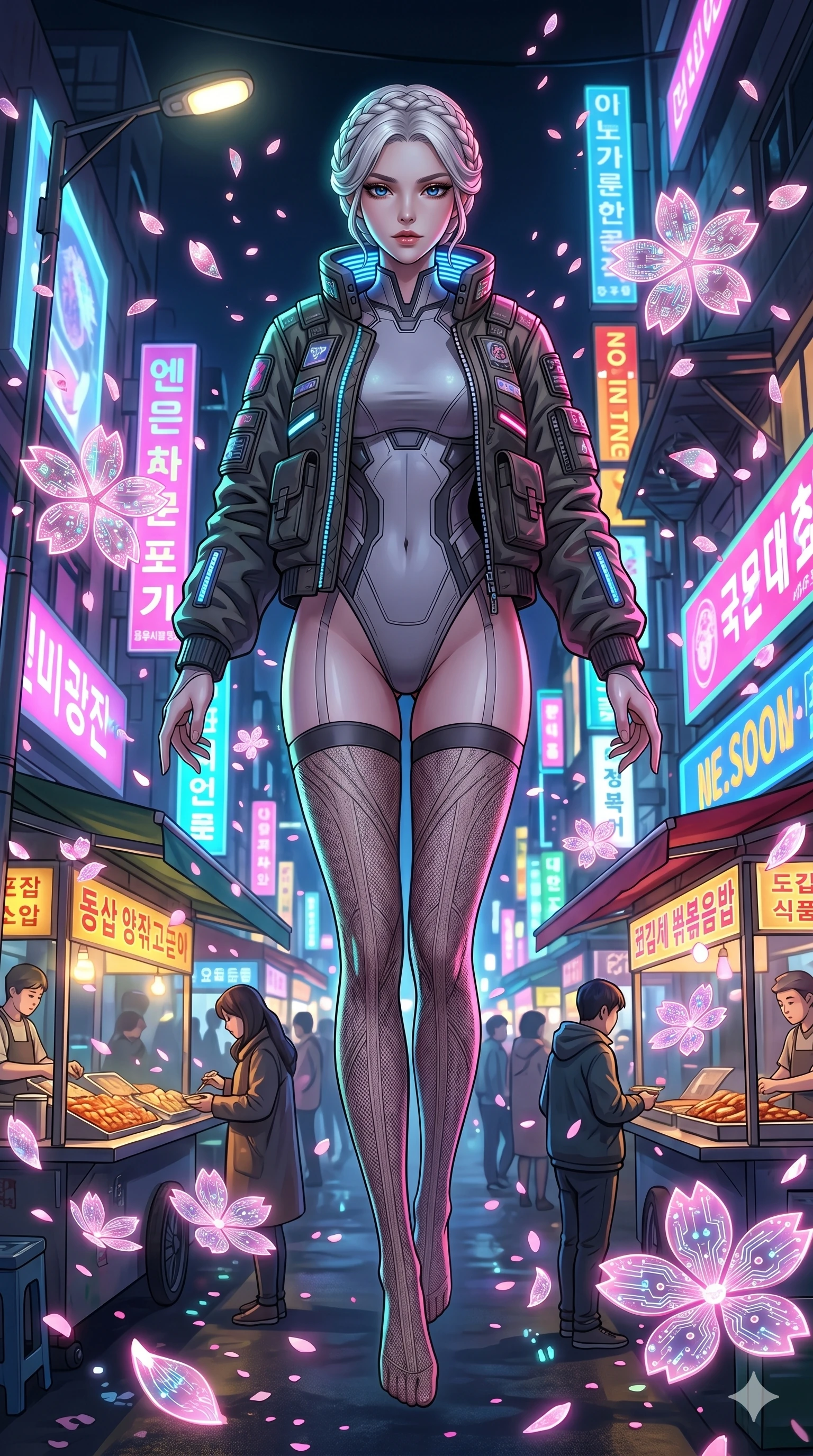 score_9, masterpiece, best quality, ultra-detailed, Set A: High-budget Anime Keyframe, Korean woman. Low angle cowboy shot filling the entire 9:16 frame with her statuesque presence. Floating through a neon-lit Neo-Seoul market, as gravity fails and everything around her floats in state 6 and surrounded by digital sakura petals. She has an absolutely perfect 8-heads proportion, an exceptionally tall and slender female figure with impossibly long slender legs and an ultra-slim waist. Sharp v-shaped jawline, high-bridge nose, intricate jewel-like eyes with depth, thick eyelashes, glossy lips with a natural sheen. Wearing Heavy tactical bomber jacket worn over a micro-bodysuit with mesh stockings. Cinematic lighting, vibrant colors, dramatic shadows, 2k, ultra detail, master piece, 9:16 ratio