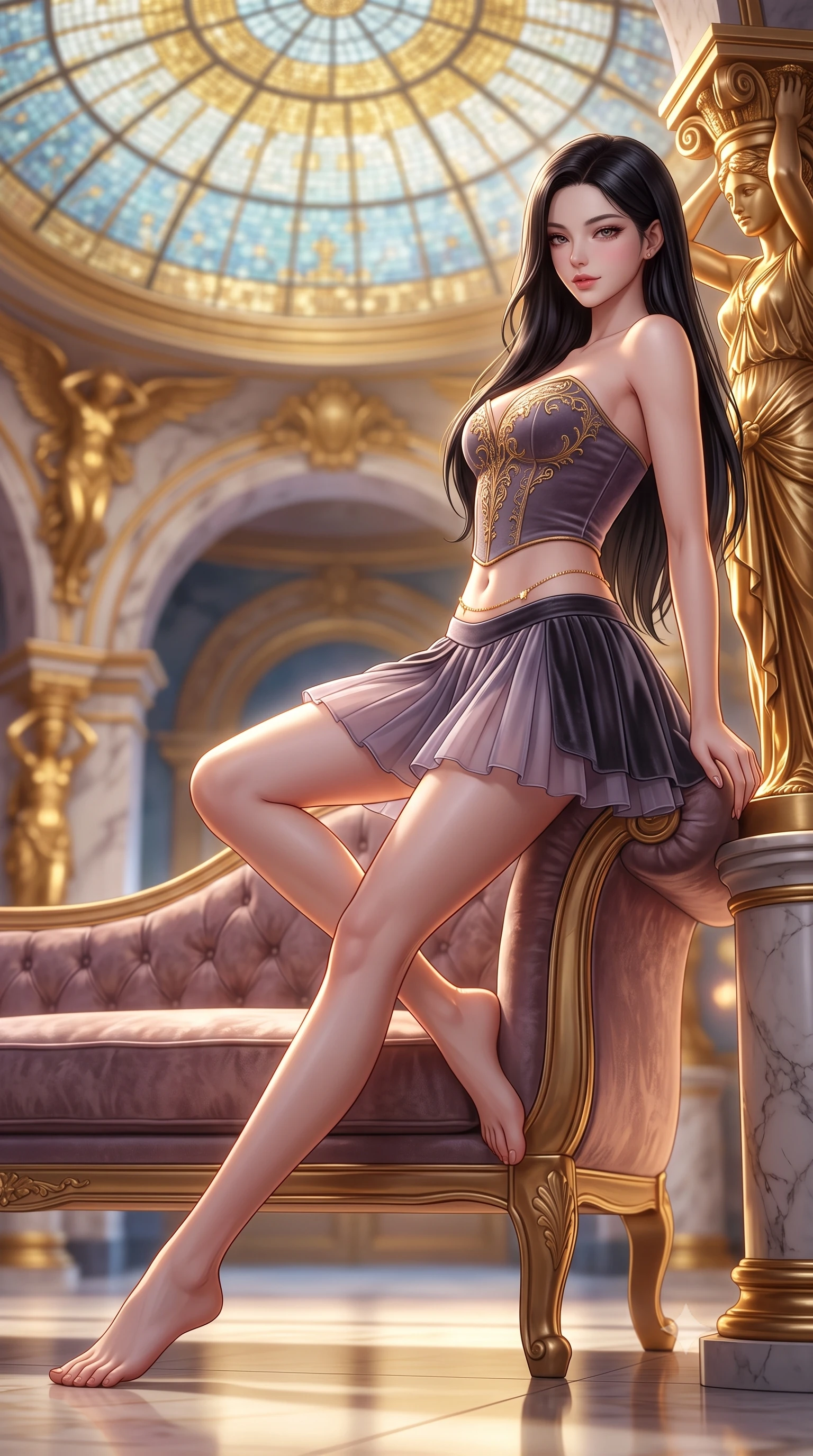 score_9, masterpiece, best quality, ultra-detailed, high-budget anime keyframe, semi-realistic 3D game render, editorial fashion photography, tasteful artistic composition, Korean woman. low angle full-body shot from head to toe showing her feet, filling the entire 9:16 vertical frame with her statuesque presence, stretching her vertical silhouette. reclining gracefully across the plush chaise lounge with one leg extended, her sculpted silhouette and flat midriff radiating magnetic nocturnal glamour while leaning against a gilded caryatid column with hips cocked back, looking over a bare shoulder with an irresistible bedroom-gaze. The background shows a soft-focus circular glass mosaic ceiling dome, gilded sculptured figures, and marble arches blurred into gold, azure, and rose-quartz bokeh. She has an absolutely perfect, statuesque 8.5-heads proportion, an exceptionally tall and slender model-like female figure with impossibly long slender legs, an ultra-slim waist, a flat toned midriff, narrow delicate ribcage, and beautifully sculpted feminine hips creating a graceful, slim hourglass silhouette without any bulky heaviness. sharp v-shaped jawline, high-bridge nose, sparkling eyes with hypnotic seductive depth, thick curled eyelashes, glossy parted lips with a natural dewy peach sheen, alluring bedroom-eyes with an enchanting coquettish smile, exuding magnetic siren charisma and sophisticated glamour, flawlessly proportioned anatomical accuracy, strict slender model proportions, natural body alignment, perfectly sculpted long slender limbs, ultra-slim waistline, clean dynamic posture without body distortion. wearing a structured velvet ballet bodice with gold filigree embroidery paired with an airy knife-pleated organza mini skirt in dusky lavender mist and dark charcoal velvet, made of semi-opaque stretch illusion mesh with soft shadowy contours, accented with a dainty gold belly chain resting across her flat midriff and curving hips, the liquid-tight tailored fabric clinging flawlessly to her narrow waist and rounded feminine hips, emphasizing every millimeter of her sculpted slim hourglass curves without any bulky heaviness. illuminated by polished floor bounce and sharp warm-gold rim lights sculpting her jawline, narrow waist, and curvy hips. highly saturated vibrant anime colors, detailed shading with soft gradients, rich glossy textures, high-contrast stereoscopic depth, volumetric dynamic lighting, master piece, 9:16 ratio