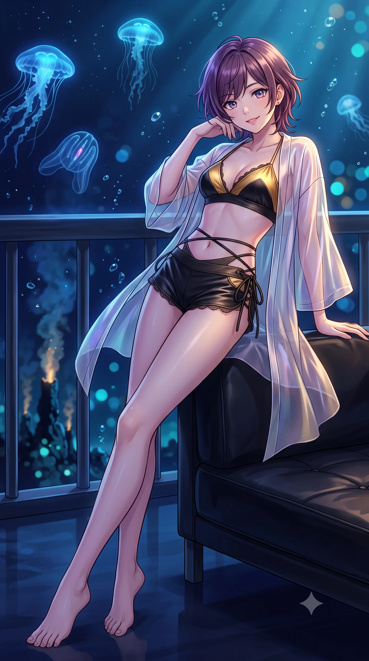 score_9, masterpiece, best quality, ultra-detailed, high-budget anime keyframe, editorial fashion photography, tasteful artistic composition, Japanese woman. low angle full-body shot from head to toe showing her feet, filling the entire 9:16 vertical frame with her statuesque presence, stretching her vertical silhouette. leaning deep against the balcony balustrade with hips cocked back in an unapologetically alluring high-fashion stance, casting an intoxicating glance while lounging gracefully across the minimalist black leather settee propped on one elbow with legs extended, displaying her long slender limbs and statuesque hourglass silhouette. The background shows a soft-focus glowing blue bioluminescent siphonophores and comb jellies, shimmering heat plumes from black smoker chimneys, and infinite ocean abyss blurred into sapphire, cyan, and topaz bokeh. She has an exceptionally tall and slender model-like 8.5-heads proportion, an ultra-slim waist, a flat toned midriff, narrow delicate ribcage, and beautifully sculpted feminine hips creating a graceful, slim hourglass silhouette without any bulky heaviness, with impossibly long slender legs. sharp v-shaped jawline, high-bridge nose, intricate jewel-like sparkling eyes with depth, thick eyelashes, glossy parted lips with a natural peach sheen, bright cheerful beaming smile with an enchanting and coquettish sensual glint, exuding both youthful cute charm and seductive allure, flawlessly proportioned anatomical accuracy, strict slender model proportions, natural body alignment, perfectly sculpted long slender limbs, ultra-slim waistline, clean dynamic posture without body distortion. wearing a translucent iridescent organza kimono robe slipping off bare shoulders over a matching satin micro-bralette and shorts in solar-flare gold and interstellar onyx, woven from buttery-soft stretch lambskin leather adhering to her body like a second skin, featuring fine criss-cross lace-up side ties revealing tantalizing glimpses of her hip curve, the glove-like clinging cut tightly following the natural contour of her hips and long slender legs with youthful 8.5-heads elegance. bathed in deep ocean blue-violet ambient light mixed with warm 2200K golden geothermal vent radiance. ultra-reflective glossy finish, specular highlights, rich textural contrasts, high-contrast stereoscopic depth, volumetric dynamic lighting, 2k, ultra detail, master piece, 9:16 ratio