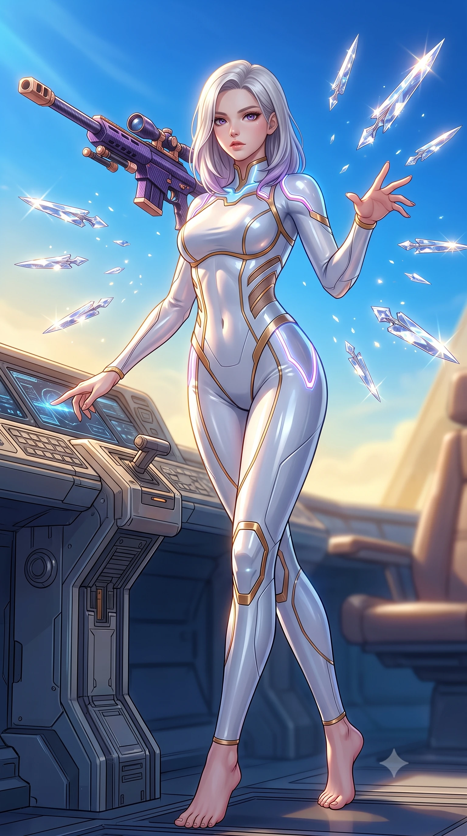score_9, masterpiece, best quality, ultra-detailed, high-budget anime keyframe, semi-realistic 3D game render, editorial fashion photography, tasteful artistic composition, Caucasian woman. low angle full-body shot from head to toe showing her feet, filling the entire 9:16 vertical frame with her statuesque presence, stretching her vertical silhouette. striding forward with commanding supermodel grace, weapon held at the ready, her 8.5-heads statuesque silhouette dominating the vertical frame from head to toe while leaning against a flight control console with one hand extended, directing the floating blades with graceful finger gestures. The composition keeps background elements in soft focus with creamy bokeh. glistening nano-crystal blade facets scattering bright sun glints across a breathtaking sky backdrop. She has an absolutely perfect, statuesque 8.5-heads proportion, an exceptionally tall and slender model-like female figure with impossibly long slender legs, a toned flat midriff, and an ultra-slim waist. sharp v-shaped jawline, high-bridge nose, intricate jewel-like eyes with depth, thick eyelashes, glossy lips with a natural sheen, flawlessly proportioned anatomical accuracy, strict slender model proportions, natural body alignment, perfectly sculpted long slender limbs, ultra-slim waistline, clean dynamic posture without body distortion. wearing a form-contouring arctic white carbon-composite battle-suit with solar gold trim and diagonal midriff vents, aiming a precision carbon-fiber railgun sniper rifle with divine focus in royal purple carbon fiber with rose-gold hardware and clasps, formed from high-gloss patent carbon-plating with specular chiaroscuro reflections, accented with glowing fiber-optic conduits tracing her collarbones and hip curves, the glove-like aerodynamic second-skin fit tightly clinging to her ultra-slender waist and athletic curves without adding bulk, accentuating her razor-sharp statuesque lines and slim hourglass silhouette. bathed in dazzling high-noon sunlight and rich sky-blue ambient bounce light. rich saturated anime colors with glowing neon highlights, detailed shading with soft gradients, rich glossy textures, high-contrast stereoscopic depth, volumetric dynamic lighting, master piece, 9:16 ratio