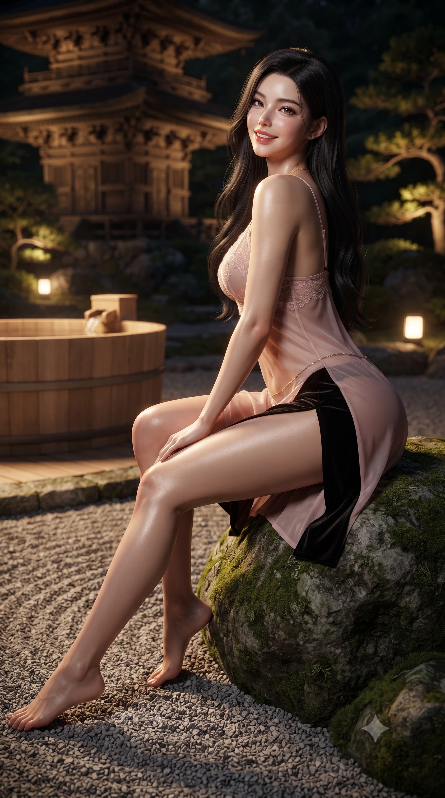 score_9, masterpiece, best quality, ultra-detailed, high-budget anime keyframe, editorial fashion photography, tasteful artistic composition, Korean woman. close-up cowboy shot from the waist and thighs up, the character dominates the composition, filling the frame with her large presence. posing in an alluring rear three-quarter angle, looking over a bare shoulder with parted glossy lips, her hips cocked back to highlight her slim hourglass curve while sitting gracefully on the smooth mossy boulder with legs extended, flashing a radiant, flirtatious smile with parted glossy lips. The surrounding environment is rendered in vivid detail and crisp panoramic clarity: sharp raked gravel concentric ripples, weathered mossy boulder crevices, and cedar tub timber joinery in deep focus. She has an exceptionally elegant, slender, and willowy female figure with an ultra-slim waist, flat toned midriff, narrow ribcage, and sculpted feminine hips creating an alluring, slim hourglass silhouette without bulk. sharp v-shaped jawline, high-bridge nose, intricate jewel-like sparkling eyes with depth, thick eyelashes, glossy parted lips with a natural peach sheen, bright cheerful beaming smile with an enchanting and coquettish sensual glint, exuding both youthful cute charm and seductive allure, flawlessly proportioned anatomical accuracy, strict slender model proportions, natural body alignment, perfectly sculpted long slender limbs, ultra-slim waistline, clean dynamic posture without body distortion. wearing an alluring sheer silk chiffon slip with delicate eyelash lace cups and high side leg slits in Kyoto moonlit sakura blush and polished urushi black, tailored from ultra-plush silk velvet with rich tactile depth and deep shadow gradients, accented with a dainty gold belly chain resting across her flat midriff and curving hips, the high-slit wrap tailoring accentuating her ultra-slim waistline and the enchanting curve of her feminine hips with alluring seductive charm. bathed in golden floodlights illuminating the ancient wooden pagoda balanced with soft garden uplights. ultra-reflective glossy finish, specular highlights, rich textural contrasts, high-contrast stereoscopic depth, volumetric dynamic lighting, 2k, ultra detail, master piece, 9:16 ratio