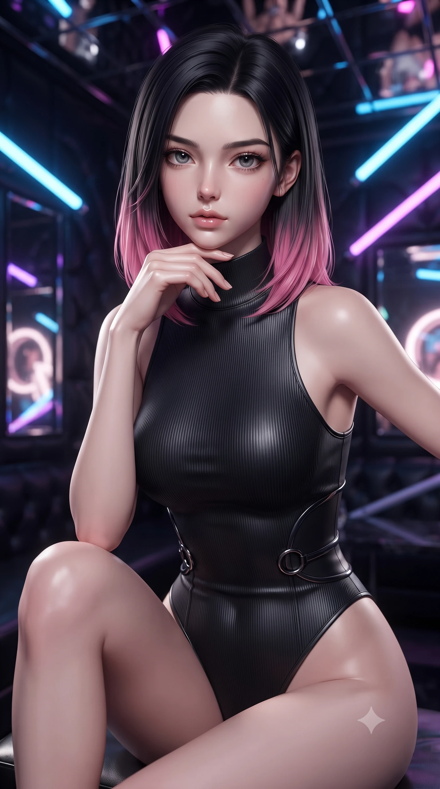 score_9, masterpiece, best quality, ultra-detailed, high-budget anime keyframe, editorial fashion photography, tasteful artistic composition, Korean woman. close-up cowboy shot from the waist and thighs up, the character dominates the composition, filling the frame with her large presence, background elements kept in soft focus. Resting her chin on the backs of her fingers with an air of effortless superiority, navigating a dark leather-walled VIP room filled with floating neon light tubes, high-contrast gloss and matte textures glinting under specular neon lights. She has an exceptionally elegant, slender, and willowy female figure with an ultra-slim waist, a gracefully sculpted slender torso, and a refined silhouette. sharp v-shaped jawline, high-bridge nose, intricate jewel-like eyes with depth, thick eyelashes, glossy lips with a natural sheen. wearing sleek high-neck ribbed activewear bodysuit in matte black in champagne gold, made of polished black leather, trimmed with dark chrome ring hardware along the waist contours, the fitted fabric emphasizing her ultra-slim waist. bathed in high-contrast specular reflections from mirror ceilings. ultra-reflective glossy finish, specular highlights, metallic sheen, high-contrast stereoscopic depth, volumetric dynamic lighting, 2k, ultra detail, master piece, 9:16 ratio