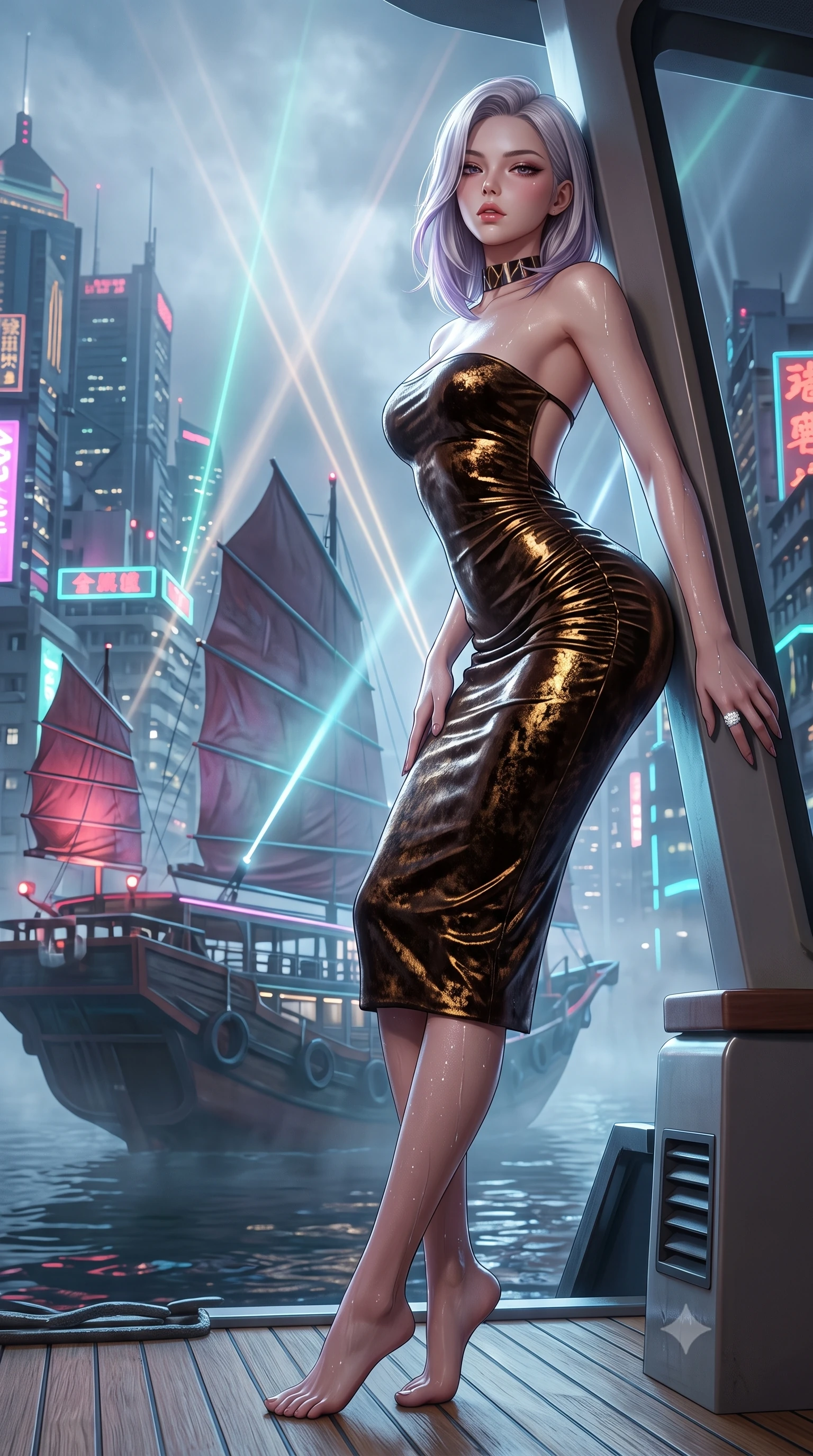 score_9, masterpiece, best quality, ultra-detailed, high-budget anime keyframe, semi-realistic 3D game render, editorial fashion photography, tasteful artistic composition, Caucasian woman. low angle full-body shot from head to toe showing her feet, filling the entire 9:16 vertical frame with her statuesque presence, stretching her vertical silhouette. leaning deep against the structural architecture with hips cocked in an unapologetically bold, seductive high-fashion stance while standing on the teak deck of a futuristic neon-rigged motorized junk boat, arching her back as laser light beams pierce the dense Victoria Harbour mist. The surrounding environment is rendered in vivid detail and crisp panoramic clarity. detailed wet-look dress sheen, sea mist droplets on skin, and futuristic urban density in high resolution. She has an exceptionally tall and slender model-like 8.5-heads proportion, an ultra-slim waist, a flat toned midriff, narrow delicate ribcage, and beautifully sculpted feminine hips creating a graceful, slim hourglass silhouette without any bulky heaviness, with impossibly long slender legs. sharp v-shaped jawline, high-bridge nose, intricate jewel-like eyes with depth, thick eyelashes, glossy parted lips with a natural sheen, intensely captivating and seductive bedroom-eyes expression, flawlessly proportioned anatomical accuracy, strict slender model proportions, natural body alignment, perfectly sculpted long slender limbs, ultra-slim waistline, clean dynamic posture without body distortion. wearing an ultra-fitted strapless bustier midi dress with side hip ruching and exposed spine in dark espresso brown and molten gold foil, crafted from heavyweight crushed silk velvet with liquid vintage luster, complemented by a bold geometric choker and sparkling cocktail ring, the glove-like aerodynamic silhouette tightly following the natural contour of her hips and long slender legs with statuesque 8.5-heads elegance. illuminated by rippling harbor water specular reflections accentuating her sculpted midriff, narrow waist, and curvy hips. highly saturated vibrant anime colors, detailed shading with soft gradients, rich glossy textures, high-contrast stereoscopic depth, volumetric dynamic lighting, master piece, 9:16 ratio