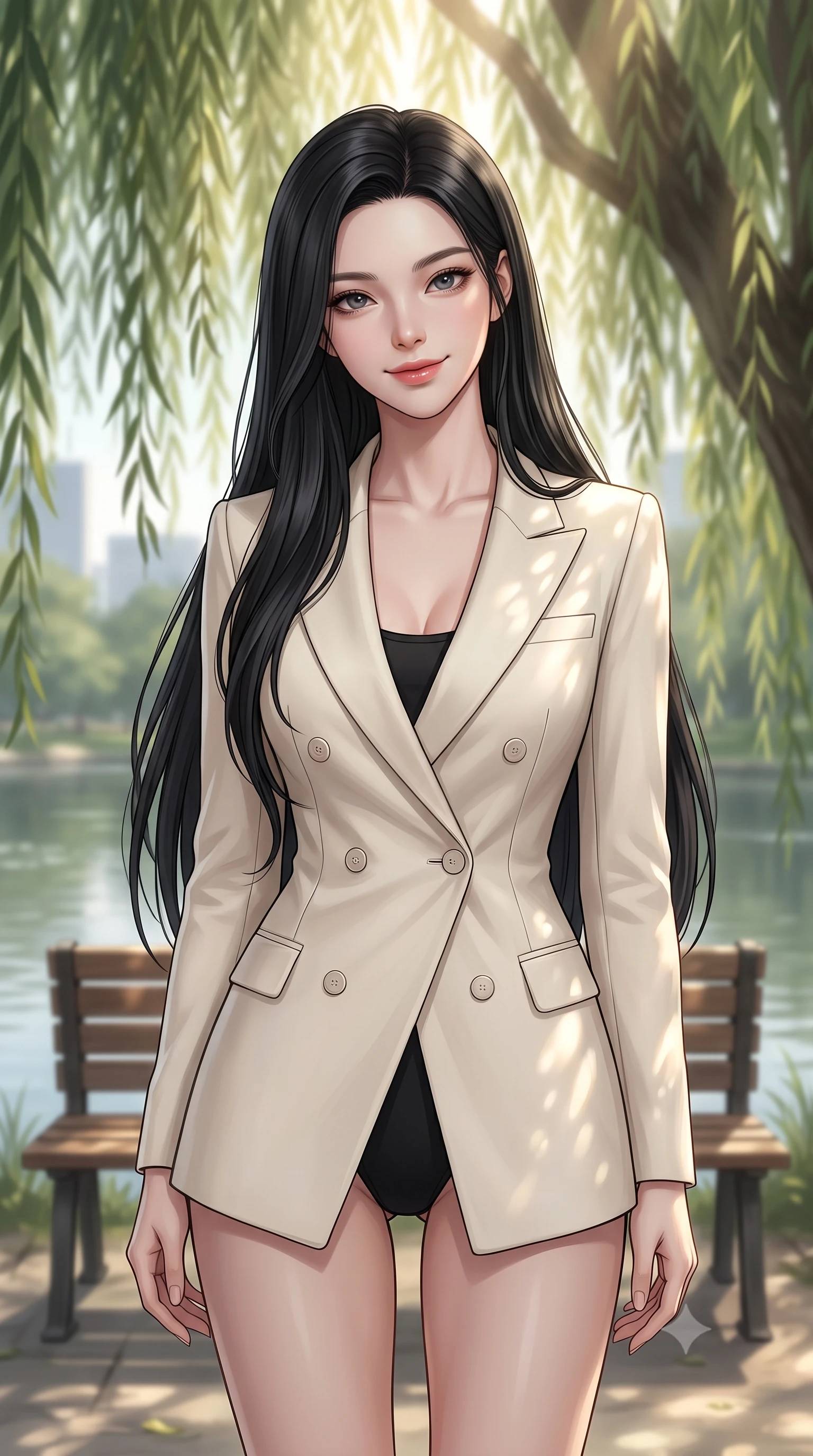 score_9, masterpiece, best quality, ultra-detailed, high-budget anime keyframe, editorial fashion photography, tasteful artistic composition, Korean woman woman. close-up cowboy shot from the waist and thighs up, the character dominates the composition, filling the frame with her large presence, background elements kept in soft focus. tilting her head slightly with a gentle, friendly smile under the warm sun the background shows a soft-focus a wooden bench under a large weeping willow tree beside a quiet city pond. She has an exceptionally elegant, slender, and willowy female figure with an ultra-slim waist, a gracefully sculpted slender torso, and a refined silhouette. sharp v-shaped jawline, high-bridge nose, intricate jewel-like eyes with depth, thick eyelashes, glossy lips with a natural sheen. wearing a slim-fit sleek tailored double-breasted blazer in cream, worn closed over a tight black bodysuit. dappled sunbeams filtering through the willow leaves onto the bench. 2k, ultra detail, master piece, 9:16 ratio