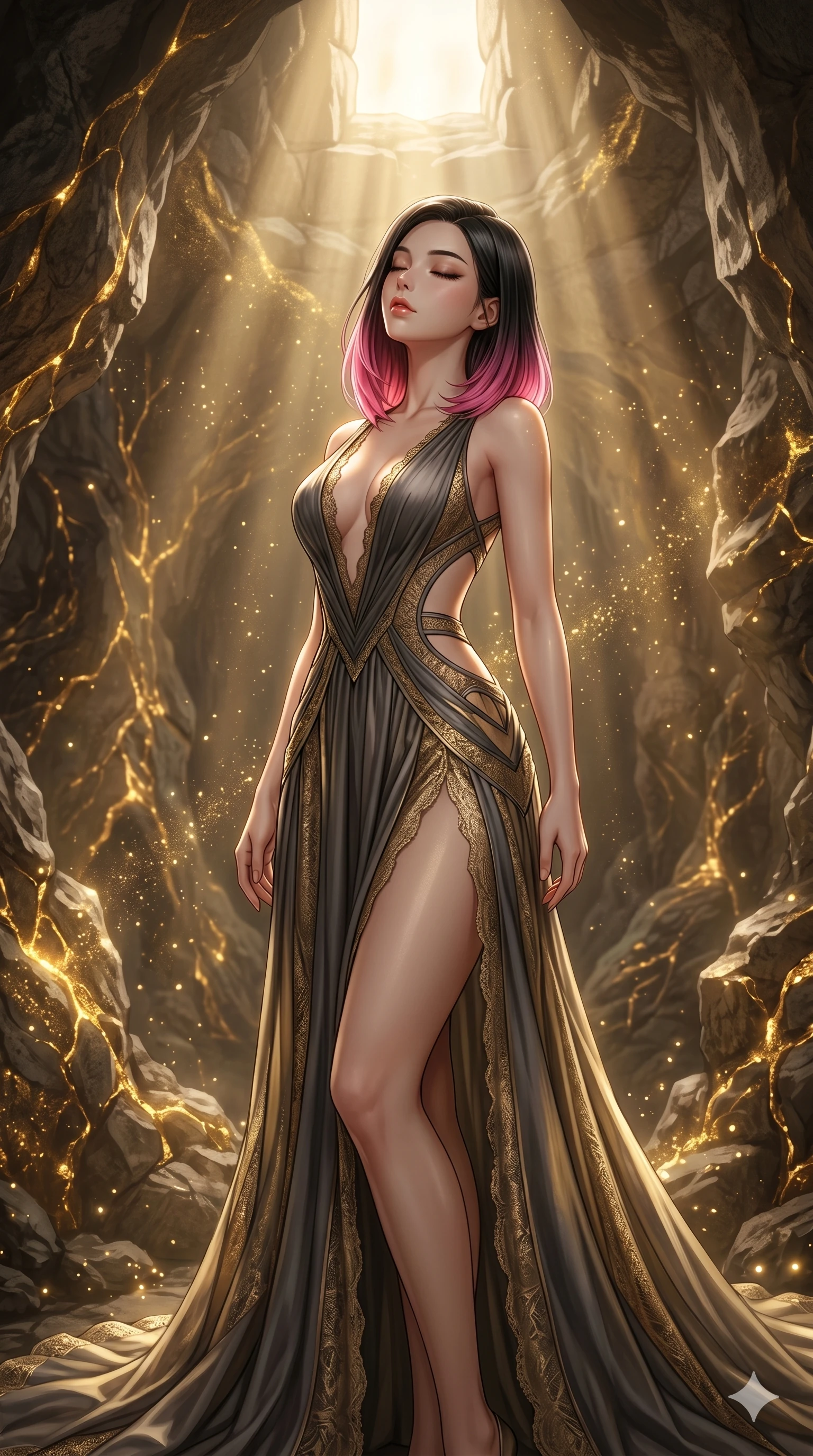 score_9, masterpiece, best quality, ultra-detailed, high-budget anime keyframe, editorial fashion photography, tasteful artistic composition, Korean woman. cowboy shot from the thighs up, character and outfit filling the frame for maximum editorial presence. tilting her head back slightly with a confident expression, her lips parted in a secret cavern filled with glowing golden mineral veins and dust (Code-P18-130). She has an absolutely perfect 8-heads proportion, an exceptionally tall and slender female figure with impossibly long slender legs and an ultra-slim waist. V-shaped jawline, high-bridge nose, intricate jewel-like eyes with depth, thick eyelashes, glossy lips with a natural sheen. wearing a high-slit gown with plunging neck and side cutouts. drenched in soft morning sunbeams flowing from a high window, creating a serene mood. 2k, ultra detail, master piece, 9:16 ratio