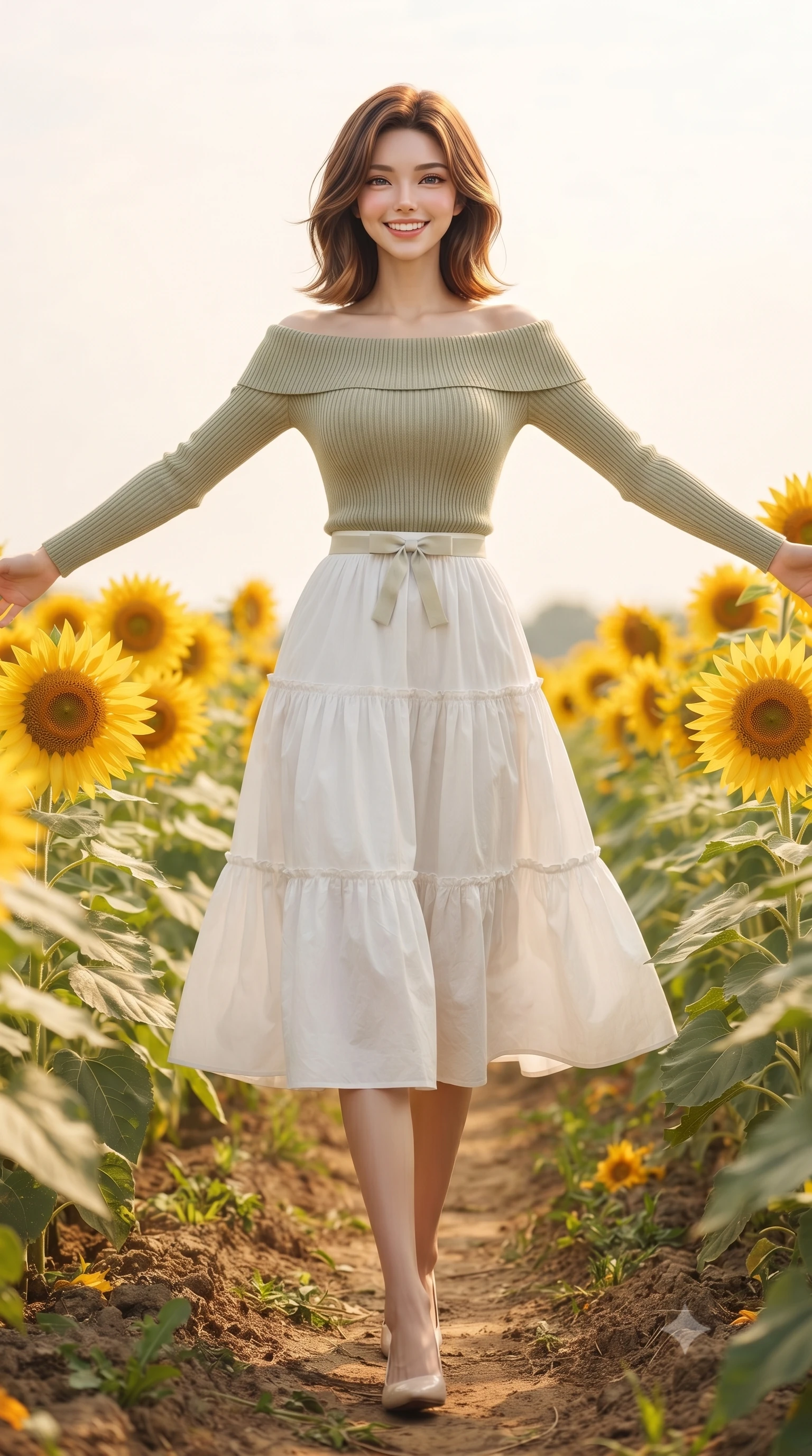score_9, masterpiece, best quality, ultra-detailed, high-budget anime keyframe, editorial fashion photography, tasteful artistic composition, Korean woman. low angle full-body shot from head to toe showing her feet, filling the entire 9:16 vertical frame with her statuesque presence, stretching her vertical silhouette. walking forward in a cheerful, dynamic stride with a radiant beaming smile, her statuesque silhouette filling the frame while stretching her arms out wide in the golden flower field, embracing the warm summer breeze with pure girlhood delight. The surrounding environment is rendered in vivid detail and crisp panoramic clarity. intricate sunflower petals, golden pollen details, and textured soil pathways rendered in deep focus. She has an absolutely perfect, statuesque 8.5-heads proportion, an exceptionally tall and slender model-like female figure with impossibly long slender legs, a toned flat midriff, and an ultra-slim waist. sharp v-shaped jawline, high-bridge nose, intricate jewel-like eyes with depth, thick eyelashes, glossy lips with a natural sheen, pure and lovely fresh girlhood expression, flawlessly proportioned anatomical accuracy, strict slender model proportions, natural body alignment, perfectly sculpted long slender limbs, ultra-slim waistline, clean dynamic posture without body distortion. wearing a fresh off-shoulder ribbed knit top paired with a tiered white cotton midi skirt in muted olive green and ivory cotton, tailored from soft pastel lightweight wool blend with subtle texture, accented with a dainty ribbon bow at the waistline, the tailored casual silhouette highlighting her fresh and youthful presence and perfectly proportioned slender frame. illuminated by soft amber fill light highlighting her glowing complexion and joyful smile. ultra-reflective glossy finish, specular highlights, rich natural textures, high-contrast stereoscopic depth, volumetric dynamic lighting, 2k, ultra detail, master piece, 9:16 ratio