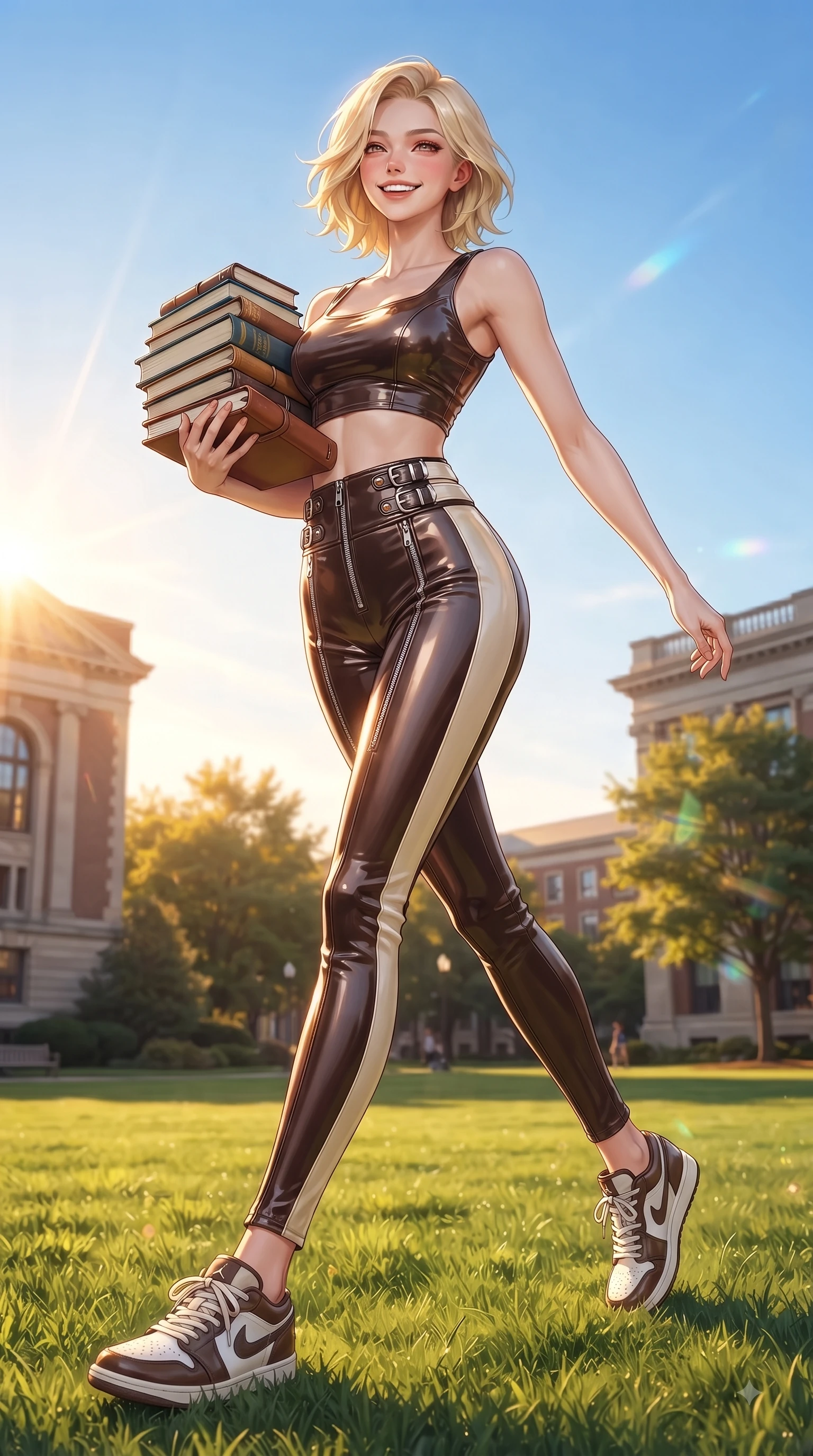 score_9, masterpiece, best quality, ultra-detailed, high-budget anime keyframe, editorial fashion photography, tasteful artistic composition, Caucasian woman. low angle full-body shot from head to toe showing her feet, filling the entire 9:16 vertical frame with her statuesque presence, stretching her vertical silhouette. stepping forward in a proud dynamic stride with a cheerful beaming smile, her vertical silhouette filling the frame while walking happily across a lush green university campus lawn carrying a stack of hardcover textbooks, stacks of classic textbooks and leather notebooks adding an intelligent college charm. She has an absolutely perfect, statuesque 8.5-heads proportion, an exceptionally tall and slender model-like female figure with impossibly long slender legs and an ultra-slim waist. sharp v-shaped jawline, high-bridge nose, intricate jewel-like eyes with depth, thick eyelashes, glossy lips with a natural sheen, flawlessly proportioned anatomical accuracy, natural body alignment, perfectly sculpted elegant limbs, clean dynamic posture without body distortion. wearing a glossy vinyl crop top and high-waist tailored leggings with sleek zippers in espresso brown and warm cream, made of premium stretch velvet with a rich sheen, detailed with polished silver buckles along the waistline, the sleek second-skin texture accentuating her magnetic presence. illuminated by warm golden sunbursts and bright clear sky refractions. ultra-reflective glossy finish, specular highlights, metallic sheen, high-contrast stereoscopic depth, volumetric dynamic lighting, 2k, ultra detail, master piece, 9:16 ratio