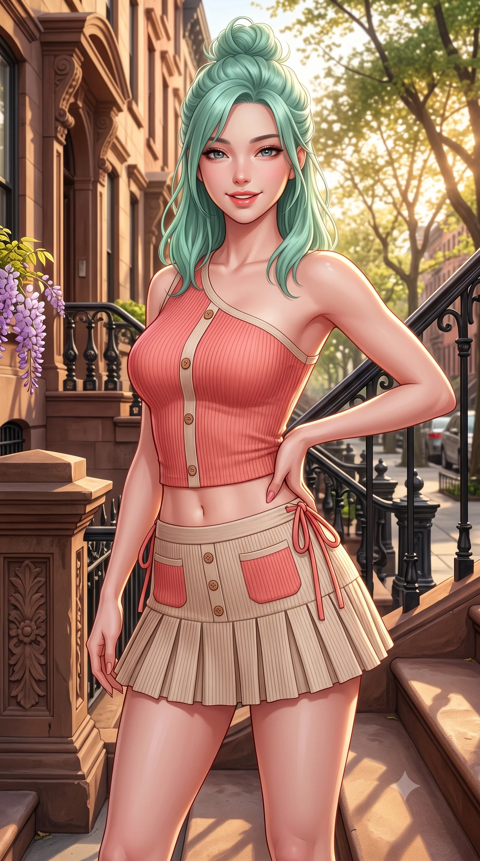 score_9, masterpiece, best quality, ultra-detailed, high-budget anime keyframe, semi-realistic 3D game render, editorial fashion photography, tasteful artistic composition, Japanese woman. close-up cowboy shot from the waist and thighs up, the character dominates the composition, filling the frame with her large presence. twisting her slender torso in an alluring contrapposto stance, one hand resting on her sculpted hip while flashing a radiant, playful smile with parted glossy lips while standing poised at the top of the stoop, twisting her slender torso in an alluring S-curve as afternoon sunlight filters through tree-lined streets. The surrounding environment is rendered in vivid detail and crisp panoramic clarity. sharp carved brownstone masonry textures, black iron handrail details, and wisteria petal venation in deep focus. She has an exceptionally elegant, slender, and willowy female figure with an ultra-slim waist, flat toned midriff, narrow ribcage, and sculpted feminine hips creating an alluring, slim hourglass silhouette without bulk. sharp v-shaped jawline, high-bridge nose, intricate jewel-like sparkling eyes with depth, thick eyelashes, glossy parted lips with a natural peach sheen, bright cheerful beaming smile with an enchanting and coquettish sensual glint, exuding both youthful cute charm and seductive allure, flawlessly proportioned anatomical accuracy, strict slender model proportions, natural body alignment, perfectly sculpted long slender limbs, ultra-slim waistline, clean dynamic posture without body distortion. wearing an asymmetrical one-shoulder ribbed top paired with a micro-pleated skirt with side hip ties in warm coral pink and soft oatmeal beige, formed from supple second-skin stretch ribbed knit clinging to her form, finished with neat front wooden buttons and delicate pocket details, the glove-like silhouette tightly following the natural contour of her hips and long slender legs with youthful 8.5-heads elegance. bathed in warm, golden afternoon sunlight streaming down the historic tree-lined street. highly saturated vibrant anime colors, detailed shading with soft gradients, rich glossy textures, high-contrast stereoscopic depth, volumetric dynamic lighting, master piece, 9:16 ratio