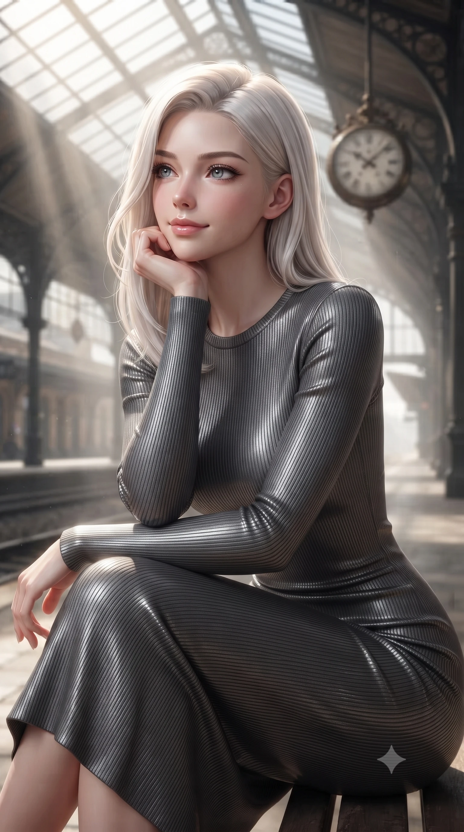score_9, masterpiece, best quality, ultra-detailed, high-budget anime keyframe, editorial fashion photography, tasteful artistic composition, Caucasian woman woman. close-up cowboy shot from the waist and thighs up, the character dominates the composition, filling the frame with her large presence, background elements kept in soft focus. resting her chin on her hand, looking out at the beautiful scenery with a soft smile the background shows a soft-focus a historic train station platform built of iron and glass, with a classic clock hanging. She has an exceptionally elegant, slender, and willowy female figure with an ultra-slim waist, a gracefully sculpted slender torso, and a refined silhouette. sharp v-shaped jawline, high-bridge nose, intricate jewel-like eyes with depth, thick eyelashes, glossy lips with a natural sheen. wearing a tailored form-contouring ribbed bodycon midi dress in charcoal grey with long sleeves. morning sunrays cutting through the glass roof, creating volumetric light shafts. ultra-reflective glossy finish, specular highlights, metallic sheen, high-contrast stereoscopic depth, volumetric dynamic lighting, 2k, ultra detail, master piece, 9:16 ratio