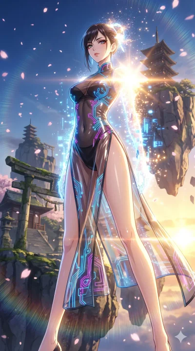 score_9, masterpiece, best quality, ultra-detailed, High-budget Anime Keyframe, vibrant colors, fluid line-art, expressive lighting, cinematic composition, Ufotable-style visual effects, top-tier animation quality, Japanese woman with delicate and el
