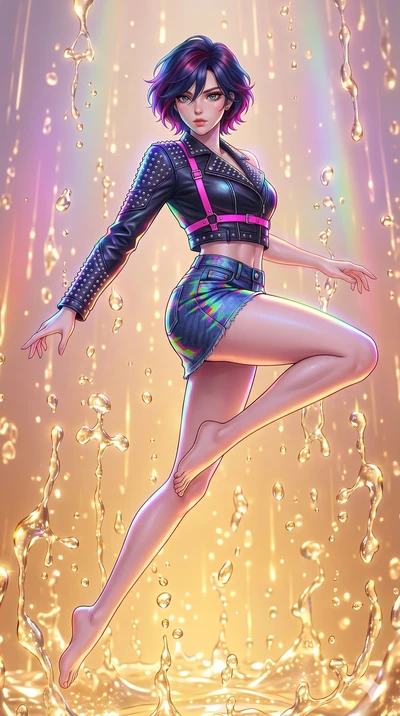 score_9, masterpiece, best quality, ultra-detailed, high-budget anime keyframe, Caucasian woman, strictly human ears. upper body close-up from the thighs up, character filling the screen for maximum presence. dodging ethereal liquid gold rain that ri