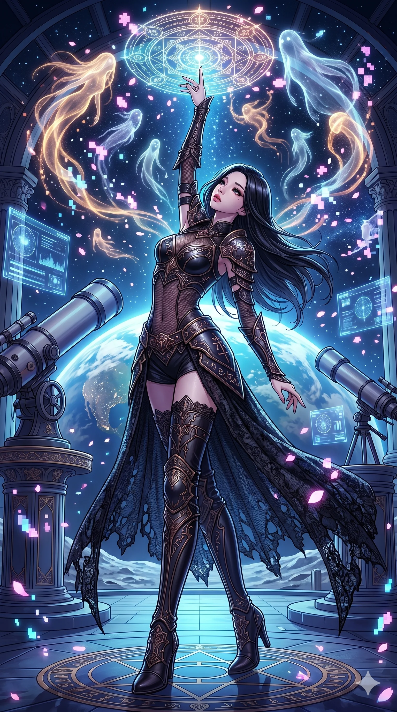 score_9, masterpiece, best quality, ultra-detailed, high-budget anime movie keyframe, cinematic anime lighting, intricate line art, Japanese woman. Dynamic full-body shot stretching the vertical silhouette across the 9:16 frame. summoning mystical spirits in a lunar observatory with digital sakura petals. She has an absolutely perfect 8-heads proportion, an exceptionally tall and slender female figure with an ultra-slim waist and impossibly long slender legs. sharp v-shaped jawline, high-bridge nose, intricate jewel-like eyes, thick eyelashes, glossy lips. Wearing dark fantasy gothic leather armor with ornate obsidian plates, a tattered lace cape, and sheer mesh cut-outs at the midriff, exuding a mysterious allure. The scene is illuminated by dramatic atmospheric lighting and vibrant color palettes. , 2k, ultra detail, master piece, 9:16 ratio