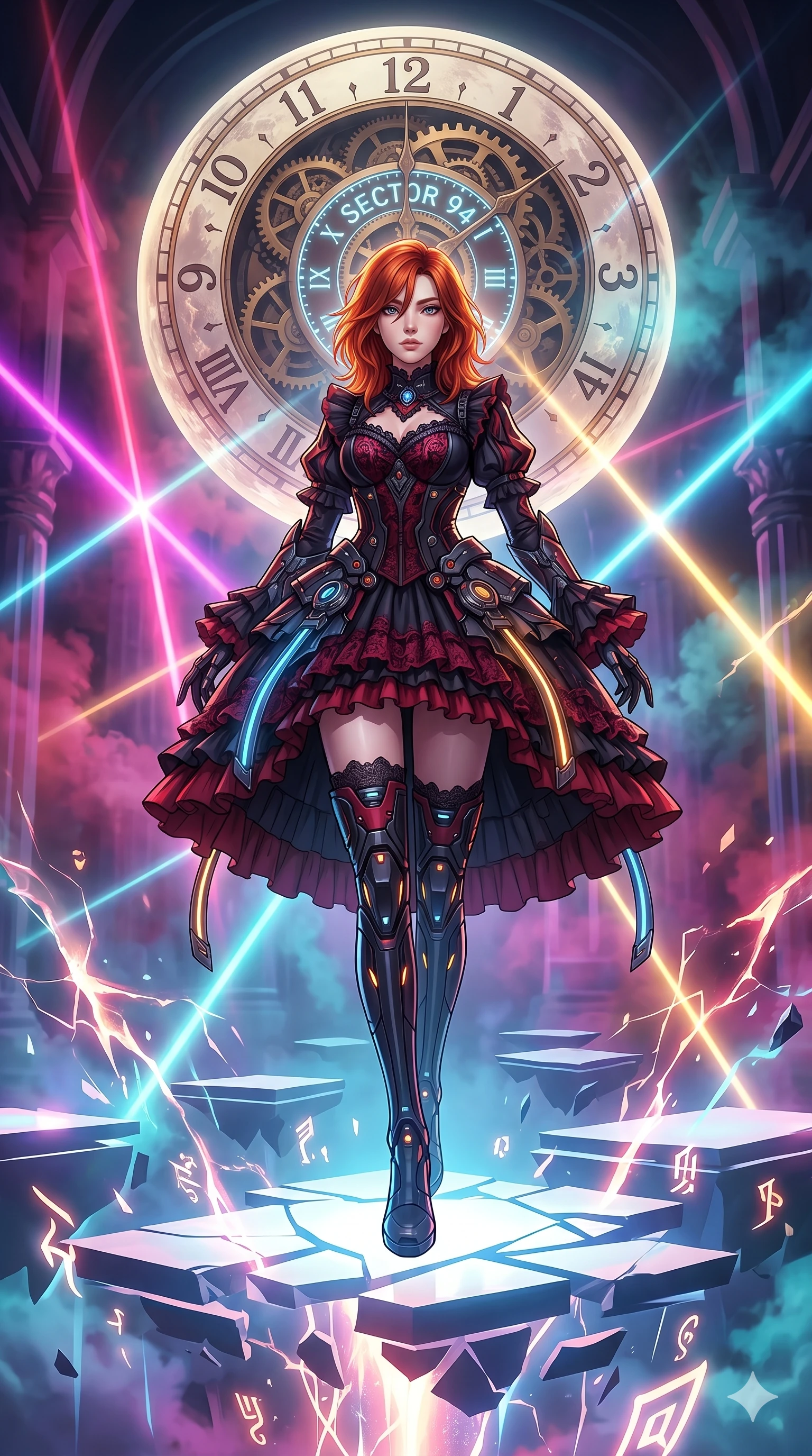score_9, masterpiece, best quality, ultra-detailed, Set A: High-budget Anime Keyframe, Korean woman. Low angle cowboy shot filling the entire 9:16 frame with her statuesque presence. Theme: Ethereal Dream. shattering the fabric of reality in a temple made of solid light, with a massive clockwork moon ticking behind her as sector 94. The atmosphere is filled with heavy smog with neon flares. She has an absolutely perfect 8-heads proportion, an exceptionally tall and slender female figure with impossibly long slender legs and an ultra-slim waist. Sharp v-shaped jawline, high-bridge nose, intricate jewel-like eyes with depth, glossy lips. Wearing Gothic-lolita tech-dress with mechanical lace ruffles and glowing LED ribbons. Cinematic lighting, vivid colors, dramatic shadows, 2k, ultra detail, master piece, 9:16 ratio