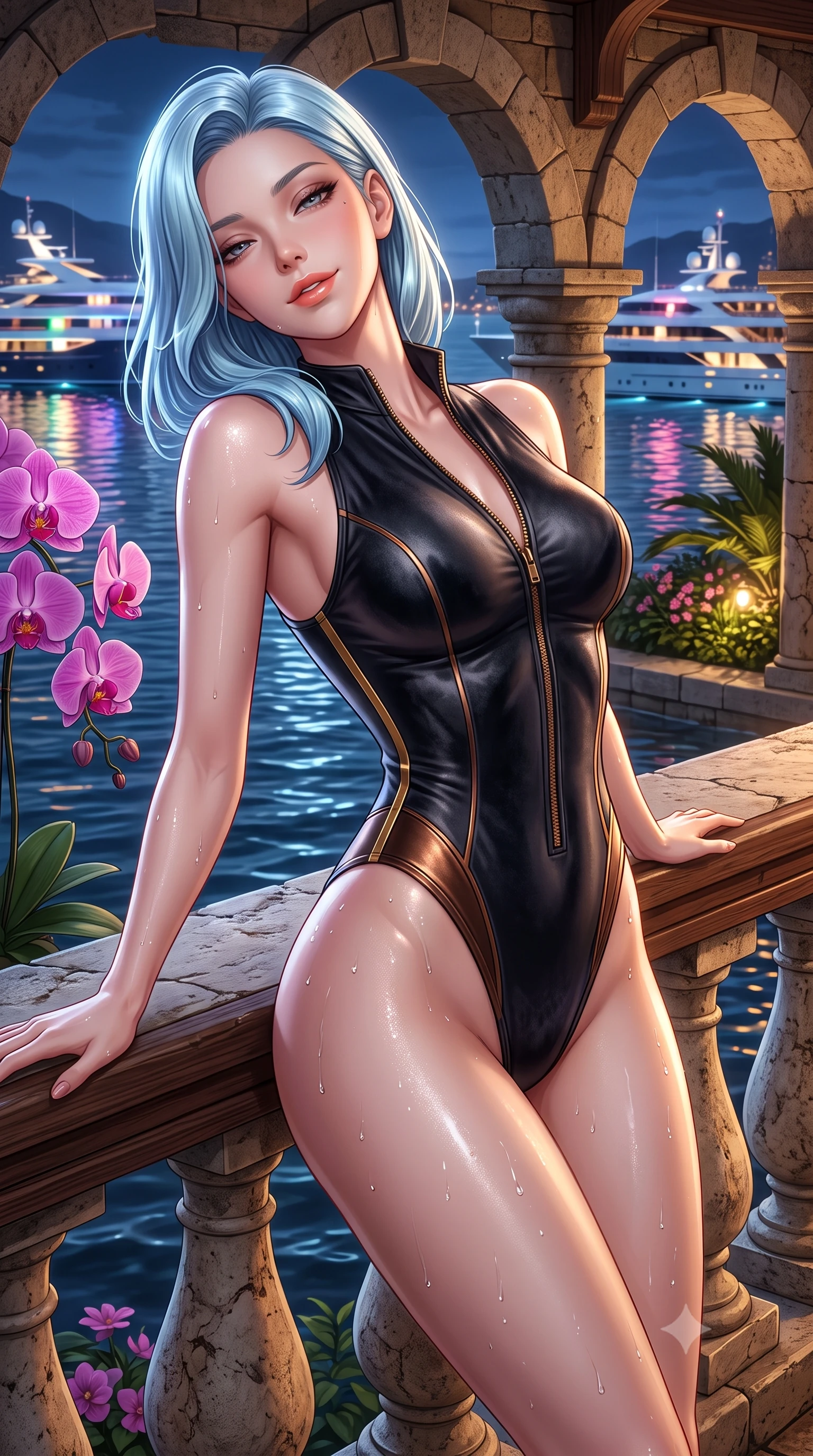 score_9, masterpiece, best quality, ultra-detailed, high-budget anime keyframe, semi-realistic 3D game render, editorial fashion photography, tasteful artistic composition, Korean woman. close-up cowboy shot from the waist and thighs up, the character dominates the composition, filling the frame with her large presence. leaning back against the balustrade with relaxed seductive grace, head tilted back slightly while casting a hypnotic, heavy-lidded gaze while twisting her slender torso in an alluring S-curve, glittering mega-yacht lights dancing across her bare shoulders, flat midriff, and curvy hips. The surrounding environment is rendered in vivid detail and crisp panoramic clarity: sharp orchid petal textures, weathered limestone arch joints, and harbor water ripple clarity in deep focus. She has an exceptionally elegant, slender, and willowy female figure with an ultra-slim waist, flat toned midriff, narrow ribcage, and sculpted feminine hips creating an alluring, slim hourglass silhouette without bulk. sharp v-shaped jawline, high-bridge nose, sparkling eyes with hypnotic seductive depth, thick curled eyelashes, glossy parted lips with a natural dewy peach sheen, alluring bedroom-eyes with an enchanting coquettish smile, exuding magnetic siren charisma and sophisticated glamour, flawlessly proportioned anatomical accuracy, strict slender model proportions, natural body alignment, perfectly sculpted long slender limbs, ultra-slim waistline, clean dynamic posture without body distortion. wearing a form-contouring wet-look neoprene zip-front maillot with high-cut leg openings and gold racing side trims in Ayung volcanic charcoal and molten bronze, tailored from ultra-plush velvet with rich tactile depth and deep shadow gradients, finished with glistening drops of hot spring or lagoon water beading across her sculpted shoulders and collarbones, the glove-like clinging cut tightly following the natural contour of her hips and long slender legs with youthful 8.5-heads elegance. bathed in warm garden landscape uplighting mixed with dynamic multi-color reflections from harbor yachts. highly saturated vibrant anime colors, detailed shading with soft gradients, rich glossy textures, high-contrast stereoscopic depth, volumetric dynamic lighting, master piece, 9:16 ratio
