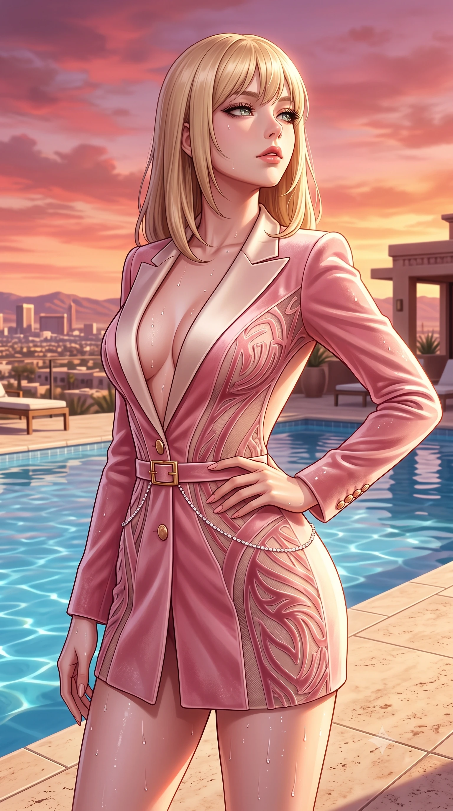 score_9, masterpiece, best quality, ultra-detailed, high-budget anime keyframe, semi-realistic 3D game render, editorial fashion photography, tasteful artistic composition, Japanese woman. close-up cowboy shot from the waist and thighs up, the character dominates the composition, filling the frame with her large presence. tilting her chin up with proud, sovereign allure while gazing through thick eyelashes, one hand resting on her waist in pure supermodel charisma while standing poised on the sunlit travertine pool deck, turning in an alluring silhouette as desert twilight paints the sky in shades of rose and copper. The surrounding environment is rendered in vivid detail and crisp panoramic clarity. detailed wet swimwear sheen, glistening water beads on skin, and skyline architecture clarity in high resolution. She has an exceptionally elegant, slender, and willowy female figure with an ultra-slim waist, flat toned midriff, narrow ribcage, and sculpted feminine hips creating an alluring, slim hourglass silhouette without bulk. sharp v-shaped jawline, high-bridge nose, intricate jewel-like eyes with depth, thick eyelashes, glossy parted lips with a natural sheen, intensely captivating and seductive bedroom-eyes expression, flawlessly proportioned anatomical accuracy, strict slender model proportions, natural body alignment, perfectly sculpted long slender limbs, ultra-slim waistline, clean dynamic posture without body distortion. wearing a tailored velvet tuxedo jacket dress with satin lapels, worn with a deep plunge neckline and gold hip buckle in sakura blossom pink and warm ivory, made of sheer contouring power-mesh with velvet flocking patterns, accented with a dainty diamond waist chain catching the ambient light reflections, the dramatically scooped open back descending to the base of her spine, accentuating her razor-sharp statuesque lines and slim hourglass silhouette. illuminated by intense specular pool water reflections sharply carving her razor-sharp jawline, narrow waist, and curvy hips. highly saturated vibrant anime colors, detailed shading with soft gradients, rich glossy textures, high-contrast stereoscopic depth, volumetric dynamic lighting, master piece, 9:16 ratio