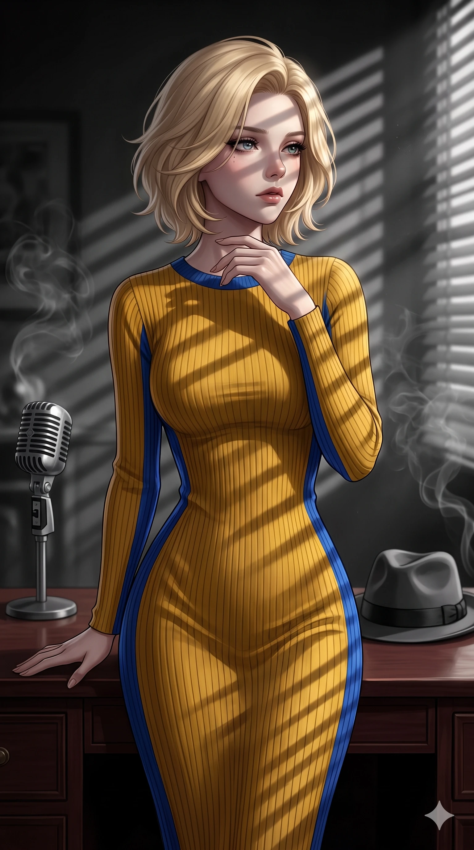 score_9, masterpiece, best quality, ultra-detailed, high-budget anime keyframe, editorial fashion photography, tasteful artistic composition, Caucasian woman, strictly human ears. close-up cowboy shot from the waist and thighs up, the character dominates the composition, filling the frame with her large presence, background elements kept in soft focus. Gazing into the distance with a wistful melancholic expression and softly glowing eyes. set against a soft-focus background of a classic monochrome film noir movie set with venetian blind shadows cutting across the space smoky tendrils drifting past a vintage microphone and a fedora resting on a mahogany desk. She has an exceptionally elegant and slender, willowy female figure with an ultra-slim waist, a gracefully sculpted slender torso, and a refined slim physique. sharp v-shaped jawline, high-bridge nose, intricate jewel-like eyes with depth, thick eyelashes, glossy lips with a natural sheen. wearing a body-hugging ribbed knit dress in a striking mustard yellow and royal blue colorway, sculpting her slender proportions with sophisticated restraint. high-contrast chiaroscuro lighting with a single harsh tungsten key light slicing through venetian blinds creating dramatic parallel shadow bars across everything. 2k, ultra detail, master piece, 9:16 ratio