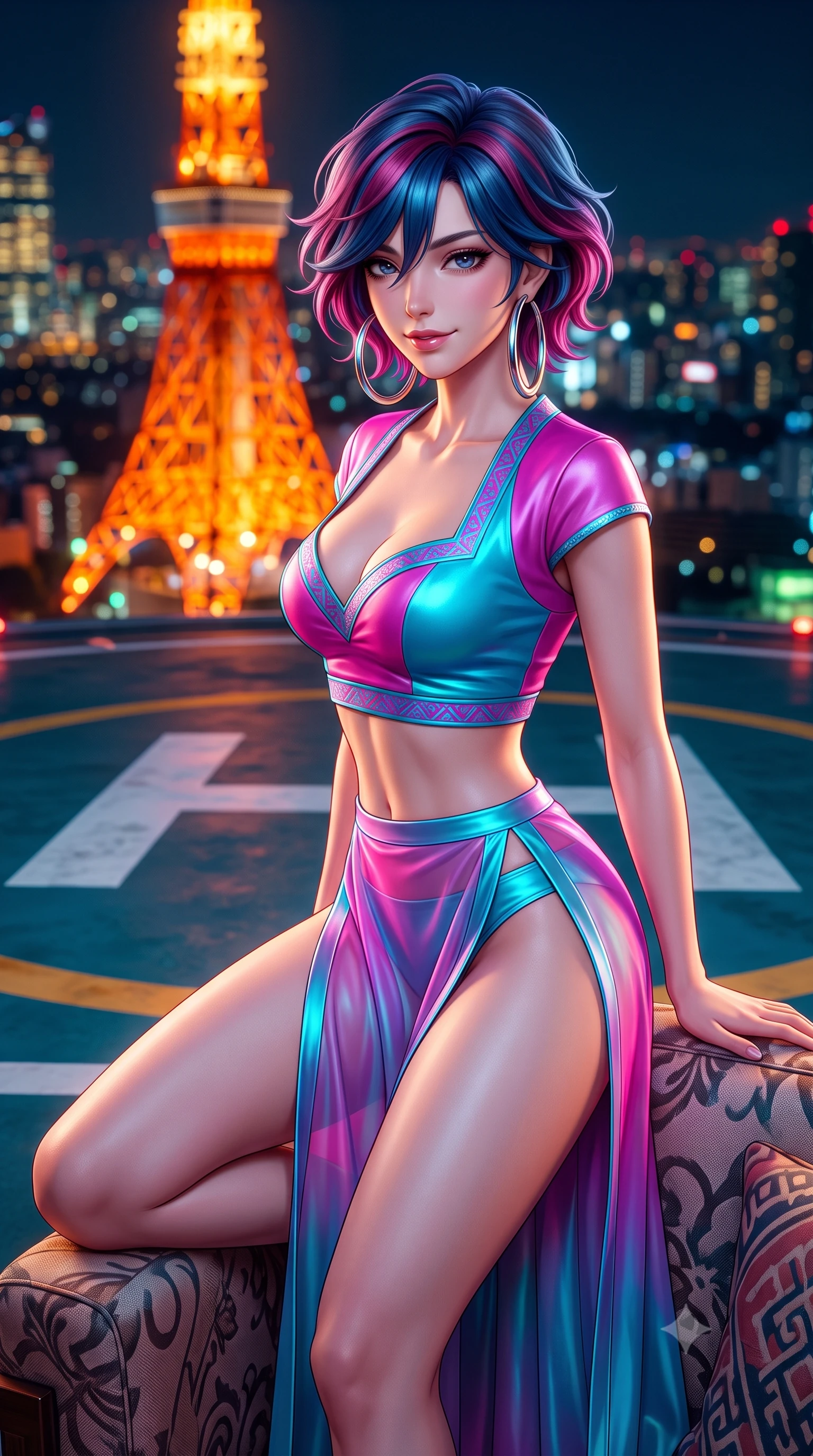 score_9, masterpiece, best quality, ultra-detailed, high-budget anime keyframe, semi-realistic 3D game render, editorial fashion photography, tasteful artistic composition, Korean woman. close-up cowboy shot from the waist and thighs up, the character dominates the composition, filling the frame with her large presence. perched sideways on the lounge seat, one knee drawn up to showcase her slender leg line while her arched back accentuates her feminine hip curve while standing tall on the giant painted rooftop helipad with hips cocked back, arching her spine with effortless supermodel poise against the red tower. The background shows a soft-focus the iconic glowing orange lattice of Tokyo Tower and endless city lights blurred into vibrant tangerine, gold, and sapphire bokeh. She has an exceptionally elegant, slender, and willowy female figure with an ultra-slim waist, flat toned midriff, narrow ribcage, and sculpted feminine hips creating an alluring, slim hourglass silhouette without bulk. sharp v-shaped jawline, high-bridge nose, sparkling eyes with hypnotic seductive depth, thick curled eyelashes, glossy parted lips with a natural dewy peach sheen, alluring bedroom-eyes with an enchanting coquettish smile, exuding magnetic siren charisma and sophisticated glamour, flawlessly proportioned anatomical accuracy, strict slender model proportions, natural body alignment, perfectly sculpted long slender limbs, ultra-slim waistline, clean dynamic posture without body distortion. wearing a plunging sweetheart-neckline silk jeogori crop top paired with an ultra-high-slit translucent chima wrap skirt and satin briefs in electric 80s magenta and neon cyan with chrome highlights, woven from buttery-soft stretch lambskin leather adhering to her body like a second skin, accented with oversized polished chrome hoop earrings catching the ambient neon glow, the high-slit wrap tailoring accentuating her ultra-slim waistline and the enchanting curve of her feminine hips with alluring seductive charm. bathed in the warm orange radiance of Tokyo Tower mixed with cool metropolitan night ambient fill. highly saturated vibrant anime colors, detailed shading with soft gradients, rich glossy textures, high-contrast stereoscopic depth, volumetric dynamic lighting, master piece, 9:16 ratio