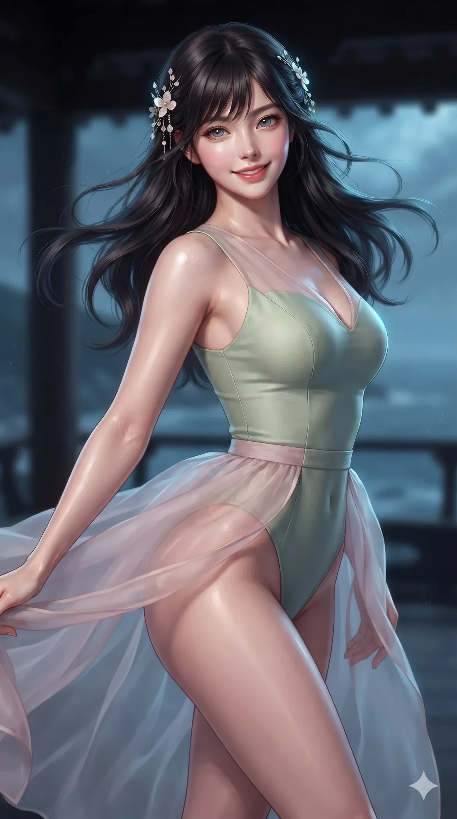 score_9, masterpiece, best quality, ultra-detailed, high-budget anime keyframe, editorial fashion photography, tasteful artistic composition, Korean woman. close-up cowboy shot from the waist and thighs up, the character dominates the composition, filling the frame with her large presence. turning slowly with an enchanting smoldering smile, her glossy hair tossing in the breeze as her hips angle gracefully in a captivating contrapposto while standing at the edge of the open-air cliffside pavilion, arching her spine with dramatic siren poise as sea breezes billow her silk skirt. The background shows a soft-focus windswept coastal pavilion softened in maritime nocturnal shallow focus. She has an exceptionally elegant, slender, and willowy female figure with an ultra-slim waist, flat toned midriff, narrow ribcage, and sculpted feminine hips creating an alluring, slim hourglass silhouette without bulk. sharp v-shaped jawline, high-bridge nose, sparkling eyes with hypnotic seductive depth, thick curled eyelashes, glossy parted lips with a natural dewy peach sheen, alluring bedroom-eyes with an enchanting coquettish smile, exuding magnetic siren charisma and sophisticated glamour, flawlessly proportioned anatomical accuracy, strict slender model proportions, natural body alignment, perfectly sculpted long slender limbs, ultra-slim waistline, clean dynamic posture without body distortion. wearing a provocative sheer nobang organza wrap overskirt layered over a form-fitting silk leotard with bare hip flanks in soft lotus rose and morning dew sage green, tailored from heavy double-faced silk faille with an exceptionally fluid drape, finished with delicate mother-of-pearl hairpin ornaments glinting in her dark glossy hair, the bespoke structured tailoring following the natural line of her 8.5-heads silhouette with refined elegance. illuminated by ocean surf seafoam bounce and sharp cyan-platinum rim lights sculpting her razor-sharp jawline, narrow waist, and curvy hips. ultra-reflective glossy finish, specular highlights, rich textural contrasts, high-contrast stereoscopic depth, volumetric dynamic lighting, 2k, ultra detail, master piece, 9:16 ratio
