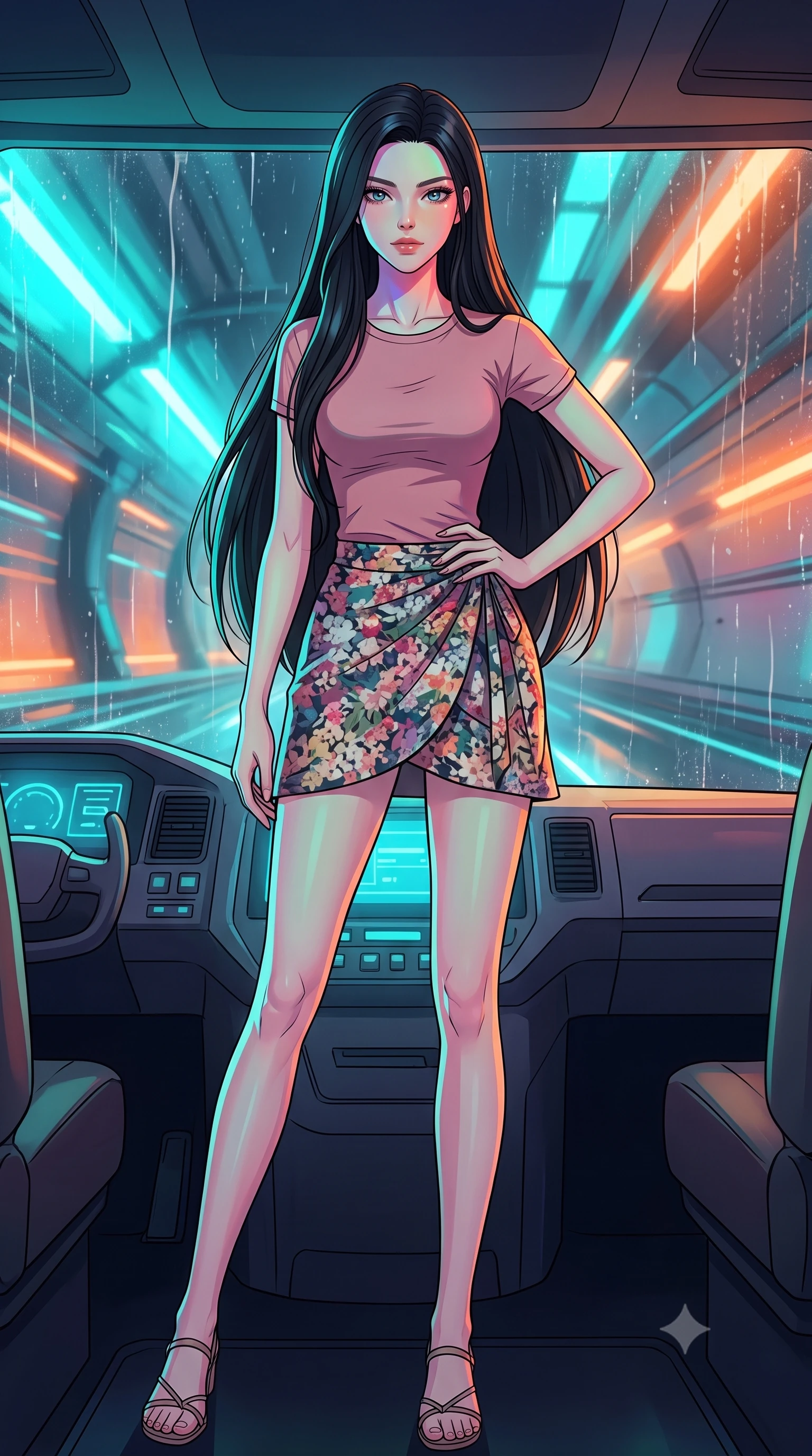 score_9, masterpiece, best quality, ultra-detailed, high-budget anime keyframe, tasteful artistic composition, Korean woman. low angle full-body shot from head to toe showing her feet, filling the entire 9:16 vertical frame with her statuesque presence, stretching her vertical silhouette. posing confidently with one hand on her hip, stretching her statuesque body to emphasize her curves the background shows a soft-focus the interior of an automated cyber-cab speeding through a neon-lit tunnel. She has an absolutely perfect, statuesque 8.5-heads proportion, an exceptionally tall and slender model-like female figure with impossibly long slender legs and an ultra-slim waist. sharp v-shaped jawline, high-bridge nose, intricate jewel-like eyes with depth, thick eyelashes, glossy lips with a natural sheen. wearing a slim-fit simple crewneck t-shirt in dusty pink paired with a floral print wrap skirt. shifting cyan and orange lights refracting through the rain-streaked window glass. highly saturated vibrant anime colors, cel-shading, 2d style, master piece, 9:16 ratio