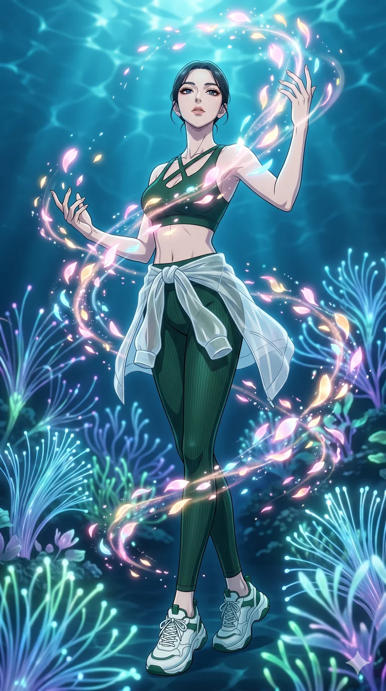 score_9, masterpiece, best quality, ultra-detailed, High-budget Anime Keyframe, vibrant colors, fluid line-art, expressive lighting, cinematic composition, Ufotable-style visual effects, top-tier animation quality, Korean woman with idol-like refined features. Upper body close-up from the thighs up, character filling the screen for maximum presence. Summoning a flurry of glowing petals that swirl in a rhythmic dance. She has an absolutely perfect 8-heads proportion, an exceptionally tall and slender female figure with impossibly long slender legs and an ultra-slim waist, her statuesque height and towering silhouette dominating the vertical 9:16 frame. Her face is a masterpiece featuring a sharp v-shaped jawline, high-bridge nose, intricate jewel-like eyes with depth, thick eyelashes, and glossy lips with a natural sheen. She is wearing a Premium ribbed leggings with a matching cross-back sports bra, semi-transparent windbreaker tied around the waist, and an exposed midriff.. The scene is set in an underwater Eden where the plants are made of light and fiber-optics. 2k, ultra detail, master piece, 9:16 ratio