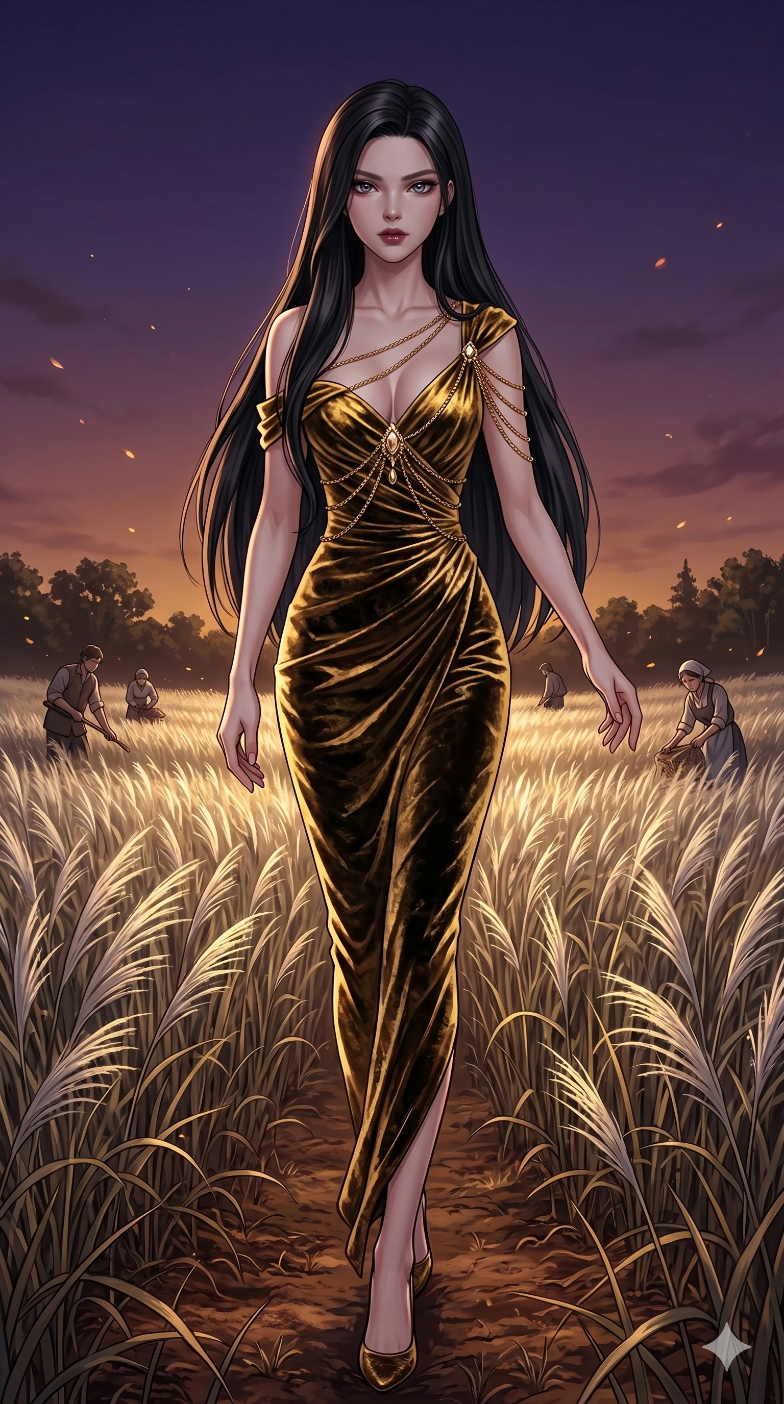 score_9, masterpiece, best quality, ultra-detailed, High-budget Anime Keyframe, East Asian woman. Dynamic full-body shot stretching the vertical silhouette to the limit. Scenario 108: Walking through a field of tall silver grass at twilight. Her presence is magnetic and overpowering in this high-budget anime scene. Outfit 108: A crushed dark velvet gold with a low-cut shoulder and fine gold chains. The clothing is designed to emphasize her exceptionally tall and slender 8-heads proportion. 8-heads proportion, towering silhouette, ultra-slim waist. sharp v-shaped jawline, intricate jewel-like eyes with depth, thick eyelashes, glossy lips. 2k, ultra detail, master piece, 9:16 ratio