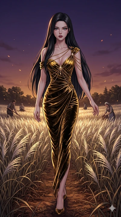 score_9, masterpiece, best quality, ultra-detailed, High-budget Anime Keyframe, East Asian woman. Dynamic full-body shot stretching the vertical silhouette to the limit. Scenario 108: Walking through a field of tall silver grass at twilight. Her pres