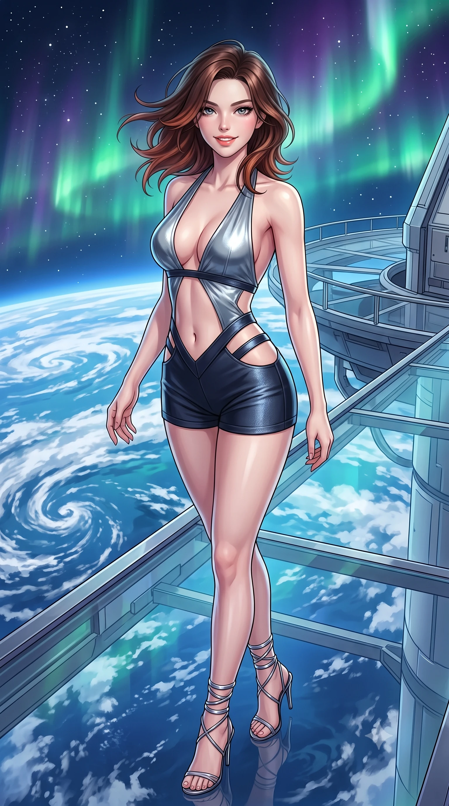 score_9, masterpiece, best quality, ultra-detailed, high-budget anime keyframe, semi-realistic 3D game render, editorial fashion photography, tasteful artistic composition, Korean woman. close-up cowboy shot from the waist and thighs up, the character dominates the composition, filling the frame with her large presence. turning slowly with an enchanting smoldering smile, her glossy hair tossing in the breeze as her hips angle gracefully in a captivating contrapposto while standing poised on the completely transparent cantilevered catwalk directly above swirling blue ocean clouds of Earth, arching her back with breathless anime heroine charisma. The surrounding environment is rendered in vivid detail and crisp panoramic clarity: detailed anime keyframe lines, rich glossy textures, and cutting-edge orbital station structure in razor-sharp precision. She has an exceptionally elegant, slender, and willowy female figure with an ultra-slim waist, flat toned midriff, narrow ribcage, and sculpted feminine hips creating an alluring, slim hourglass silhouette without bulk. sharp v-shaped jawline, high-bridge nose, intricate jewel-like sparkling eyes with depth, thick eyelashes, glossy parted lips with a natural peach sheen, bright cheerful beaming smile with an enchanting and coquettish sensual glint, exuding both youthful cute charm and seductive allure, flawlessly proportioned anatomical accuracy, strict slender model proportions, natural body alignment, perfectly sculpted long slender limbs, ultra-slim waistline, clean dynamic posture without body distortion. wearing a daring low-cut halterneck romper with exposed midriff and strappy hip cutouts in liquid mercury chrome and deep midnight obsidian, tailored from high-density tech-wool with subtle metallic thread weave, complemented by strappy stiletto sandals with metallic ankle wraps accentuating her slender calves, the liquid-tight tailored fabric clinging flawlessly to her narrow waist and rounded feminine hips, emphasizing every millimeter of her sculpted slim hourglass curves without any bulky heaviness. bathed in iridescent green and purple polar aurora luminescence mixed with crisp white starlight. highly saturated vibrant anime colors, detailed shading with soft gradients, rich glossy textures, high-contrast stereoscopic depth, volumetric dynamic lighting, master piece, 9:16 ratio