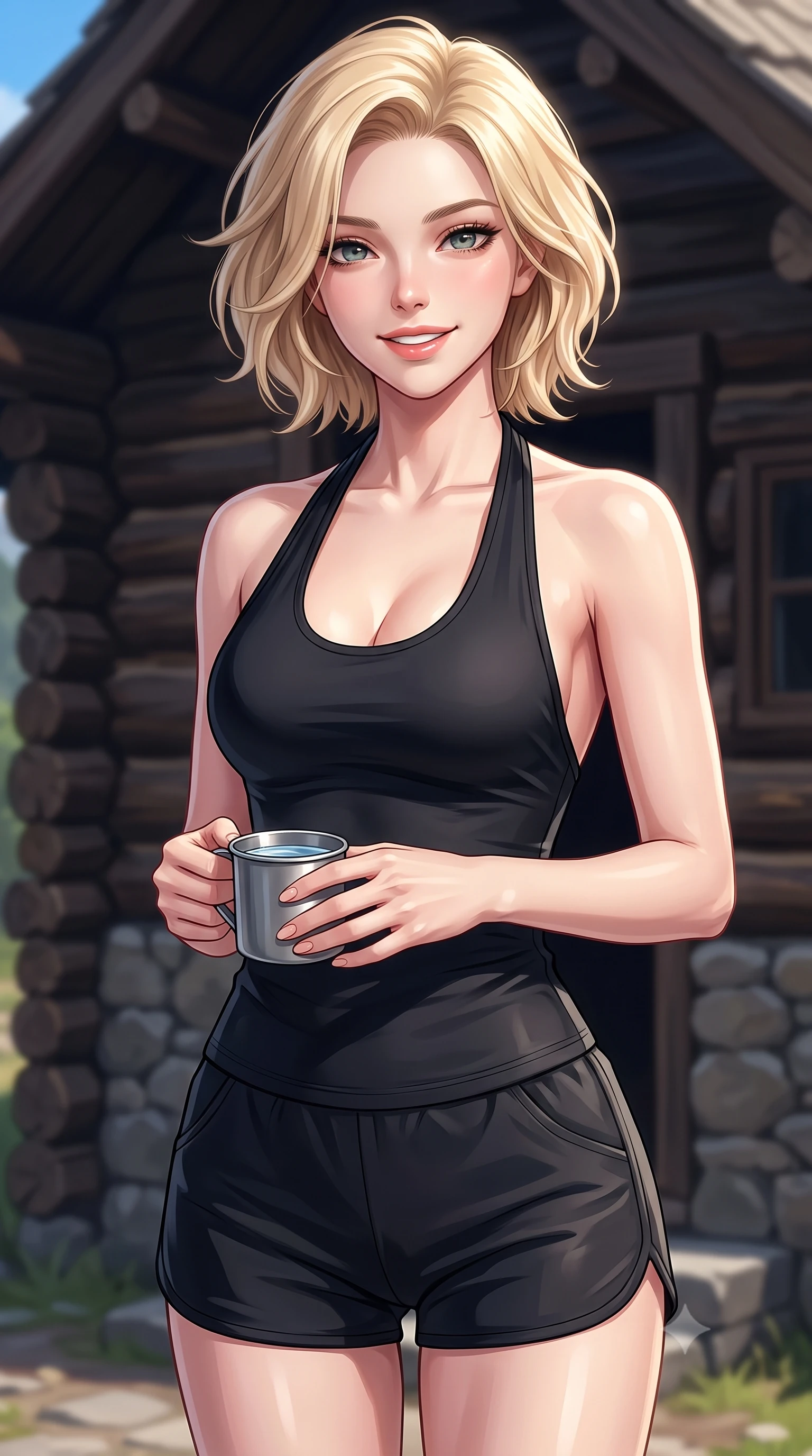 score_9, masterpiece, best quality, ultra-detailed, high-budget anime keyframe, editorial fashion photography, tasteful artistic composition, Caucasian woman. close-up cowboy shot from the waist and thighs up, the character dominates the composition, filling the frame with her large presence, background elements kept in soft focus. smiling warmly with a soft, affectionate expression, making cute eye contact set against a soft-focus background of near a cozy mountain shelter cabin built of dark logs and stone with a small metal cup of fresh spring water held in her hands. She has an exceptionally elegant, slender, and willowy female figure with an ultra-slim waist, a gracefully sculpted slender torso, and a refined silhouette. sharp v-shaped jawline, high-bridge nose, intricate jewel-like eyes with depth, thick eyelashes, glossy lips with a natural sheen. wearing tailored backless activewear halter top in black, paired with sporty shorts. crisp midday sunlight creating clean, sharp contours on her active outfit. highly saturated vibrant anime colors, detailed shading with soft gradients, rich glossy textures, high-contrast stereoscopic depth, volumetric dynamic lighting, master piece, 9:16 ratio