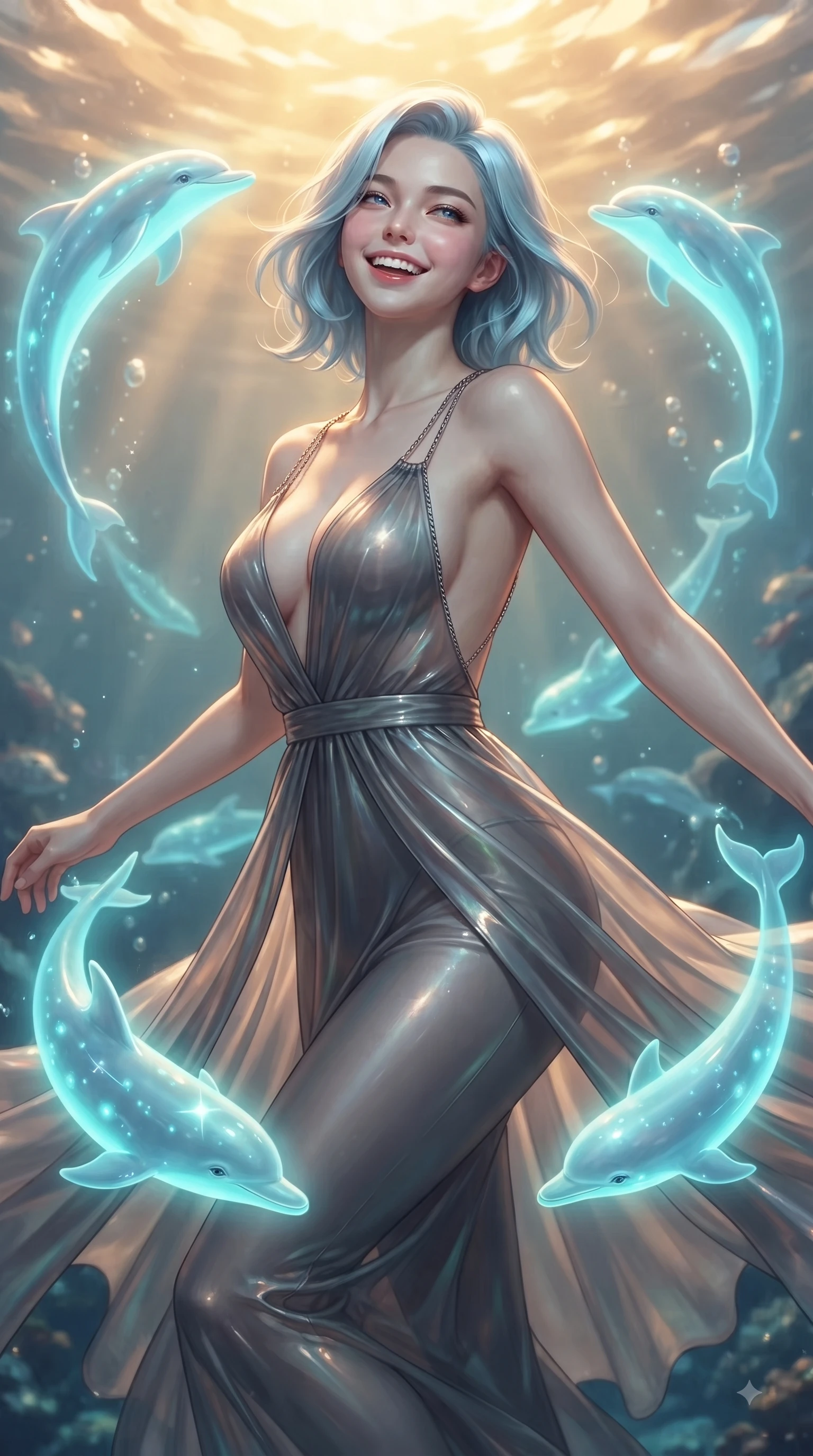 score_9, masterpiece, best quality, ultra-detailed, high-budget anime keyframe, editorial fashion photography, tasteful artistic composition, Korean woman. close-up cowboy shot from the waist and thighs up, the character dominates the composition, filling the frame with her large presence, background elements kept in soft focus. Tilting her chin up with a beaming smile of pure delight while balancing dynamically amidst the scene while swimming underwater in a dynamic playful spin alongside friendly bioluminescent dolphins, playful dolphins swimming in graceful circular arcs around her statuesque figure. She has an exceptionally elegant, slender, and willowy female figure with an ultra-slim waist, a gracefully sculpted slender torso, and a refined silhouette. sharp v-shaped jawline, high-bridge nose, intricate jewel-like eyes with depth, thick eyelashes, glossy lips with a natural sheen, flawlessly proportioned anatomical accuracy, natural body alignment, perfectly sculpted elegant limbs, clean dynamic posture without body distortion. wearing a translucent iridescent chiffon gown with a plunging neckline and open back in charcoal grey and platinum, formed from sleek second-skin neoprene, adorned with delicate metallic chain straps along the neckline, the elegant draped fit framing her graceful clavicle and slender torso. illuminated by cheerful aqua bioluminescence and warm golden top lighting. ultra-reflective glossy finish, specular highlights, metallic sheen, high-contrast stereoscopic depth, volumetric dynamic lighting, 2k, ultra detail, master piece, 9:16 ratio