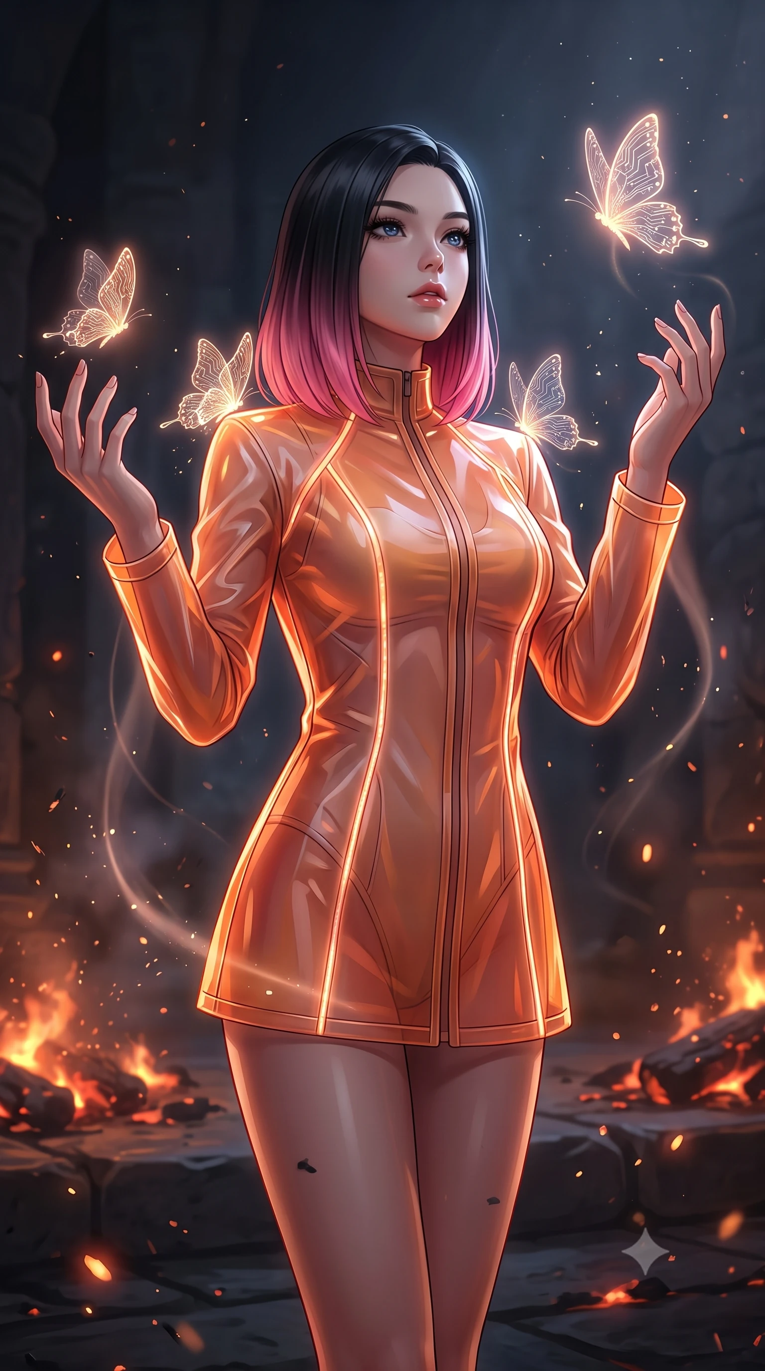 score_9, masterpiece, best quality, ultra-detailed, High-budget Anime Keyframe, East Asian woman. Low angle cowboy shot filling the entire 9:16 frame with her statuesque presence. Scenario 548: watching digital butterflies land on her shoulders in a quiet chamber filled with glowing embers and floating ash particles. Her presence is magnetic and overpowering in this high-budget anime scene. Outfit 548: a slim-fit sunset orange translucent PVC jacket featuring a refined mock-neck collar and glowing LED seams. The clothing is designed to emphasize her exceptionally tall and slender 8-heads proportion. 8-heads proportion, towering silhouette, ultra-slim waist. sharp v-shaped jawline, intricate jewel-like eyes with depth, thick eyelashes, glossy lips. 2k, ultra detail, master piece, 9:16 ratio