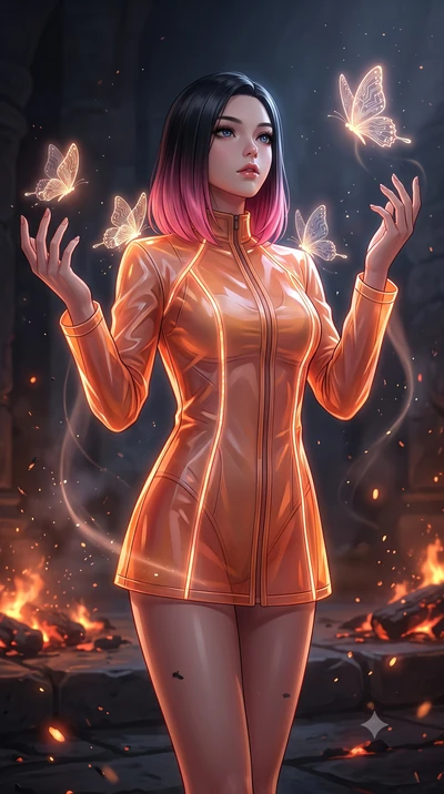 score_9, masterpiece, best quality, ultra-detailed, High-budget Anime Keyframe, East Asian woman. Low angle cowboy shot filling the entire 9:16 frame with her statuesque presence. Scenario 548: watching digital butterflies land on her shoulders in a 
