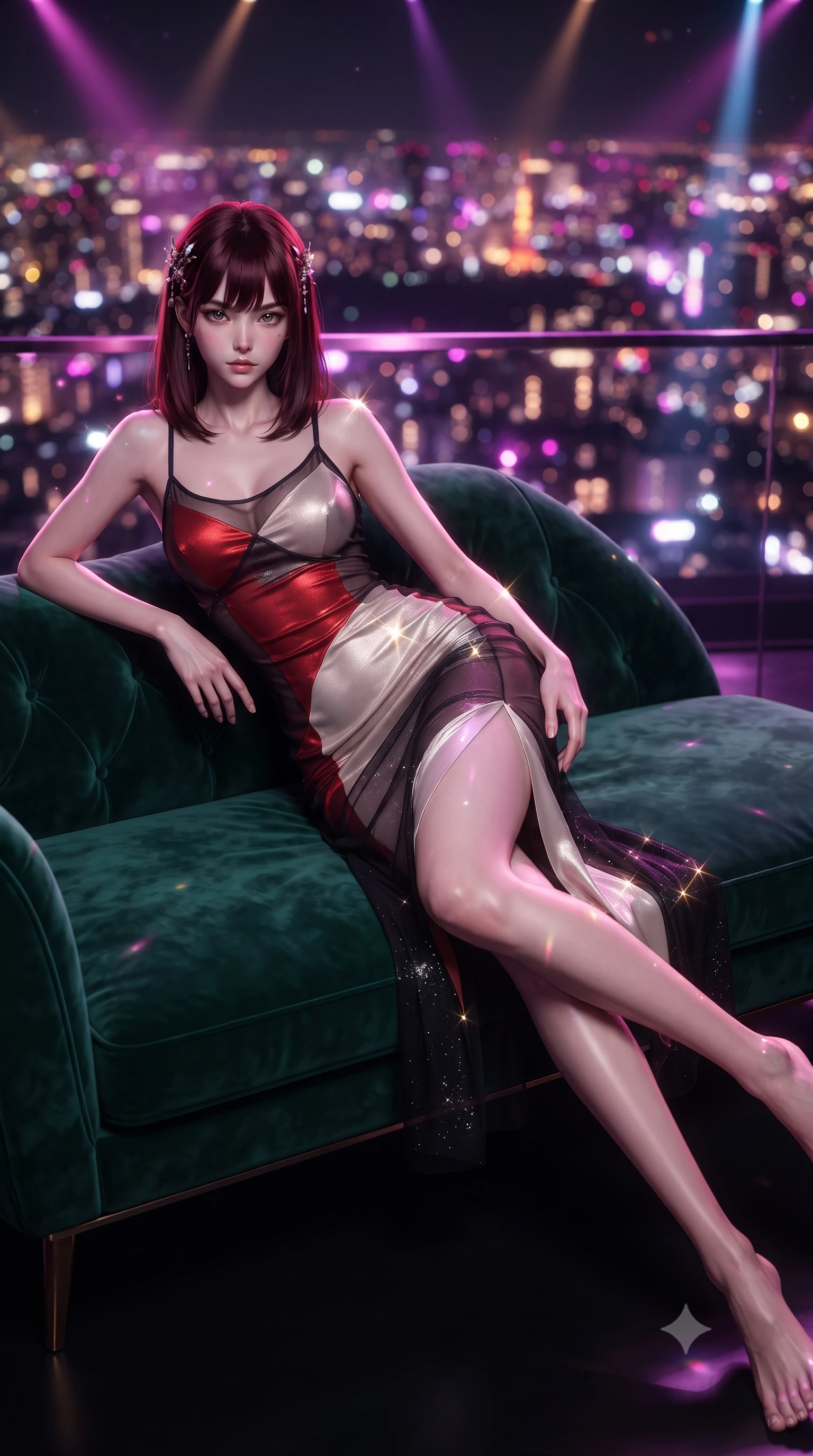 score_9, masterpiece, best quality, ultra-detailed, high-budget anime keyframe, editorial fashion photography, tasteful artistic composition, Caucasian woman. low angle full-body shot from head to toe showing her feet, filling the entire 9:16 vertical frame with her statuesque presence, stretching her vertical silhouette. reclining gracefully across the plush chaise lounge with one leg extended, her sculpted silhouette and flat midriff radiating magnetic nocturnal glamour while twisting her slender torso in an alluring contrapposto stance as laser lights sweep across the open-air dance floor and her curvy hips. The background shows a soft-focus the glittering sea of Tokyo city lights, moving nightclub spotlights, and chic patrons blurred into magenta, gold, and violet bokeh. She has an absolutely perfect, statuesque 8.5-heads proportion, an exceptionally tall and slender model-like female figure with impossibly long slender legs, an ultra-slim waist, a flat toned midriff, narrow delicate ribcage, and beautifully sculpted feminine hips creating a graceful, slim hourglass silhouette without any bulky heaviness. sharp v-shaped jawline, high-bridge nose, sparkling eyes with hypnotic seductive depth, thick curled eyelashes, glossy parted lips with a natural dewy peach sheen, alluring bedroom-eyes with an enchanting coquettish smile, exuding magnetic siren charisma and sophisticated glamour, flawlessly proportioned anatomical accuracy, strict slender model proportions, natural body alignment, perfectly sculpted long slender limbs, ultra-slim waistline, clean dynamic posture without body distortion. wearing a sheer black gauze norigae slip dress worn over a liquid satin undergarment, hugging her flat midriff and hourglass curves in royal vermilion crimson and pale ivory silk, woven from stretch metallic lurex jersey casting radiant starlight glints across her silhouette, finished with delicate mother-of-pearl hairpin ornaments glinting in her dark glossy hair, the liquid-tight tailored fabric clinging flawlessly to her narrow waist and rounded feminine hips, emphasizing every millimeter of her sculpted slim hourglass curves without any bulky heaviness. illuminated by glowing bar surface bounce and sharp magenta-gold rim lights sculpting her jawline, flat midriff, and curvaceous hips. ultra-reflective glossy finish, specular highlights, rich textural contrasts, high-contrast stereoscopic depth, volumetric dynamic lighting, 2k, ultra detail, master piece, 9:16 ratio
