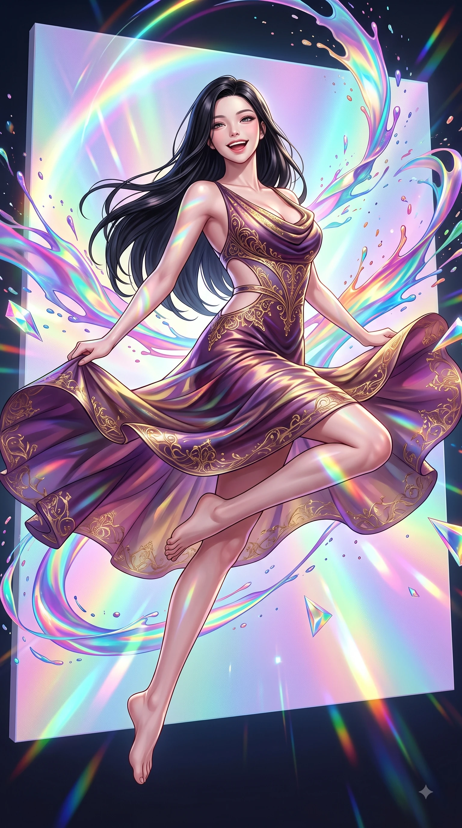 score_9, masterpiece, best quality, ultra-detailed, high-budget anime keyframe, editorial fashion photography, tasteful artistic composition, Korean woman. low angle full-body shot from head to toe showing her feet, filling the entire 9:16 vertical frame with her statuesque presence, stretching her vertical silhouette. leaping with pure joy through mid-air with a radiant bright smile, her impossibly long slender legs stretched in perfect balance while poised in a playful stance before a giant holographic canvas emitting luminous color arcs, vibrant ribbons of opal paint and color splashes frozen in mid-air around her figure. She has an absolutely perfect, statuesque 8.5-heads proportion, an exceptionally tall and slender model-like female figure with impossibly long slender legs and an ultra-slim waist. sharp v-shaped jawline, high-bridge nose, intricate jewel-like eyes with depth, thick eyelashes, glossy lips with a natural sheen, flawlessly proportioned anatomical accuracy, natural body alignment, perfectly sculpted elegant limbs, clean dynamic posture without body distortion. wearing an elegant cowl-neck satin midi dress with a graceful draped neckline in plum purple and gold filigree, crafted from iridescent chiffon that shifts colors in the light, featuring clean architectural cutouts along her slender torso, the glove-like fit emphasizing her statuesque silhouette during motion. illuminated by brilliant multi-color rainbow light refracting through glass prisms. highly saturated vibrant anime colors, detailed shading with soft gradients, rich glossy textures, high-contrast stereoscopic depth, volumetric dynamic lighting, master piece, 9:16 ratio