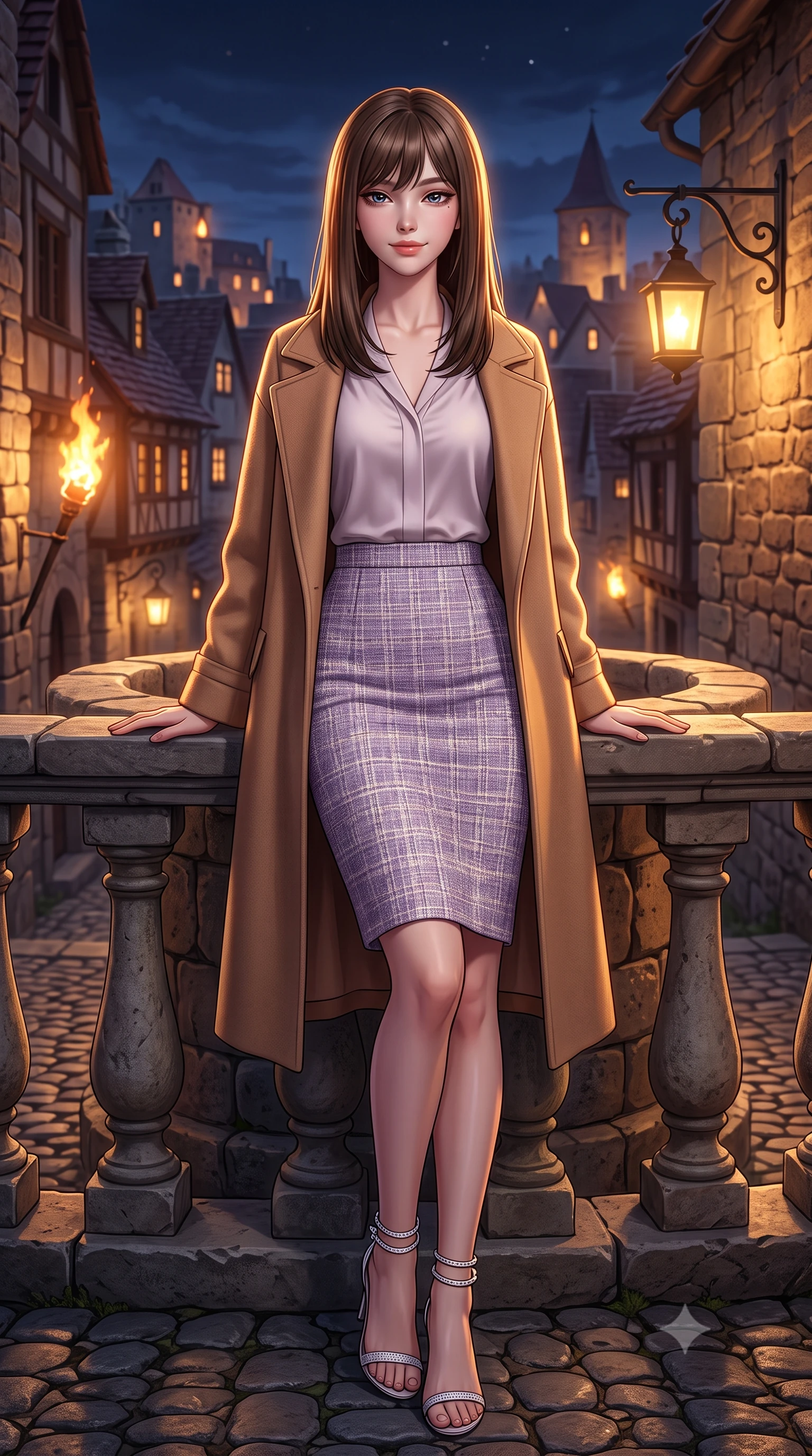 score_9, masterpiece, best quality, ultra-detailed, high-budget anime keyframe, semi-realistic 3D game render, editorial fashion photography, tasteful artistic composition, Korean woman. close-up cowboy shot from the waist and thighs up, the character dominates the composition, filling the frame with her large presence. leaning back against the balustrade with relaxed seductive grace, head tilted back slightly while casting a hypnotic, heavy-lidded gaze while leaning against the rustic stone wellhead with hips cocked back, looking over illuminated medieval village rooftops with smoldering bedroom-eyes. The surrounding environment is rendered in vivid detail and crisp panoramic clarity: sharp hand-laid river pebble cobblestone mosaics, weathered limestone wall mortar, and hand-forged lantern brackets in deep focus. She has an exceptionally elegant, slender, and willowy female figure with an ultra-slim waist, flat toned midriff, narrow ribcage, and sculpted feminine hips creating an alluring, slim hourglass silhouette without bulk. sharp v-shaped jawline, high-bridge nose, intricate jewel-like sparkling eyes with depth, thick eyelashes, glossy parted lips with a natural peach sheen, bright cheerful beaming smile with an enchanting and coquettish sensual glint, exuding both youthful cute charm and seductive allure, flawlessly proportioned anatomical accuracy, strict slender model proportions, natural body alignment, perfectly sculpted long slender limbs, ultra-slim waistline, clean dynamic posture without body distortion. wearing a structured double-faced camel hair wrap coat draped over a tailored silk blouse and pencil skirt in Luberon lavender purple and Provençal limestone cream, woven from structured British tweed with subtle metallic flecks, complemented by strappy stiletto sandals with crystal ankle wraps accentuating her slender calves, the bespoke structured tailoring following the natural line of her 8.5-heads silhouette with refined elegance. illuminated by stone ground reflection fill and sharp flame-gold rim lights defining her razor-sharp jawline, narrow waist, and curvy hips. highly saturated vibrant anime colors, detailed shading with soft gradients, rich glossy textures, high-contrast stereoscopic depth, volumetric dynamic lighting, master piece, 9:16 ratio