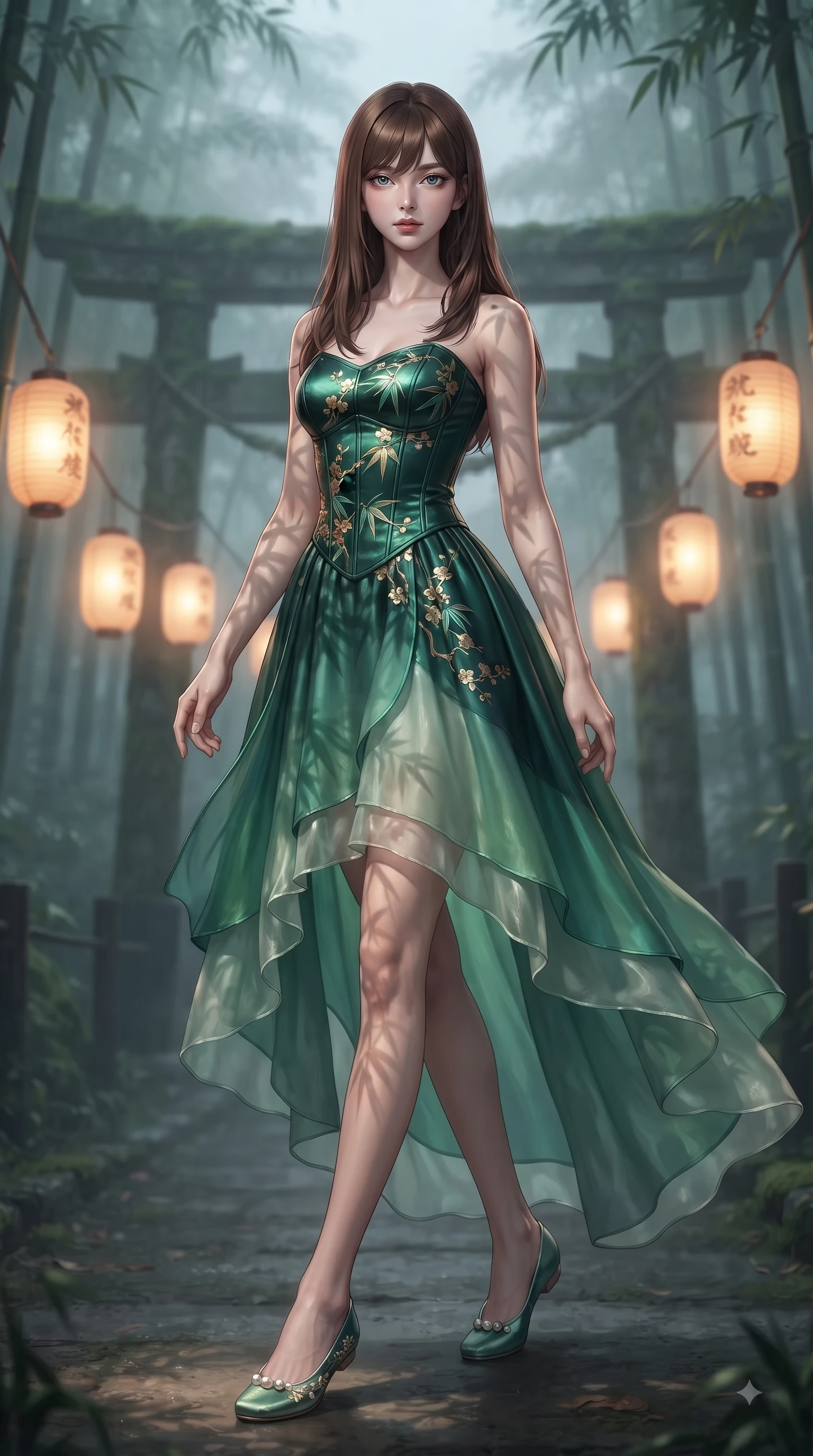 score_9, masterpiece, best quality, ultra-detailed, high-budget anime keyframe, editorial fashion photography, tasteful artistic composition, Korean woman woman. low angle full-body shot from head to toe showing her feet, filling the entire 9:16 vertical frame with her statuesque presence, stretching her vertical silhouette. She has an absolutely perfect, statuesque 8.5-heads proportion, an exceptionally tall and slender model-like female figure with impossibly long slender legs and an ultra-slim waist. stepping gracefully forward in a proud statuesque stride, her body turning in a fluid S-curve silhouette, flawlessly proportioned anatomical accuracy, natural body alignment, perfectly sculpted elegant limbs, clean dynamic posture without body distortion. set against a soft-focus background of a misty bamboo torii shrine path with glowing paper lanterns. wearing a modern fusion silk hanbok dress with a structured emerald bodice and flowing layered skirt. bathed in warm amber lantern light casting soft organic bamboo leaf stencil shadows. ultra-reflective glossy finish, specular highlights, metallic sheen, high-contrast stereoscopic depth, volumetric dynamic lighting, 2k, ultra detail, master piece, 9:16 ratio