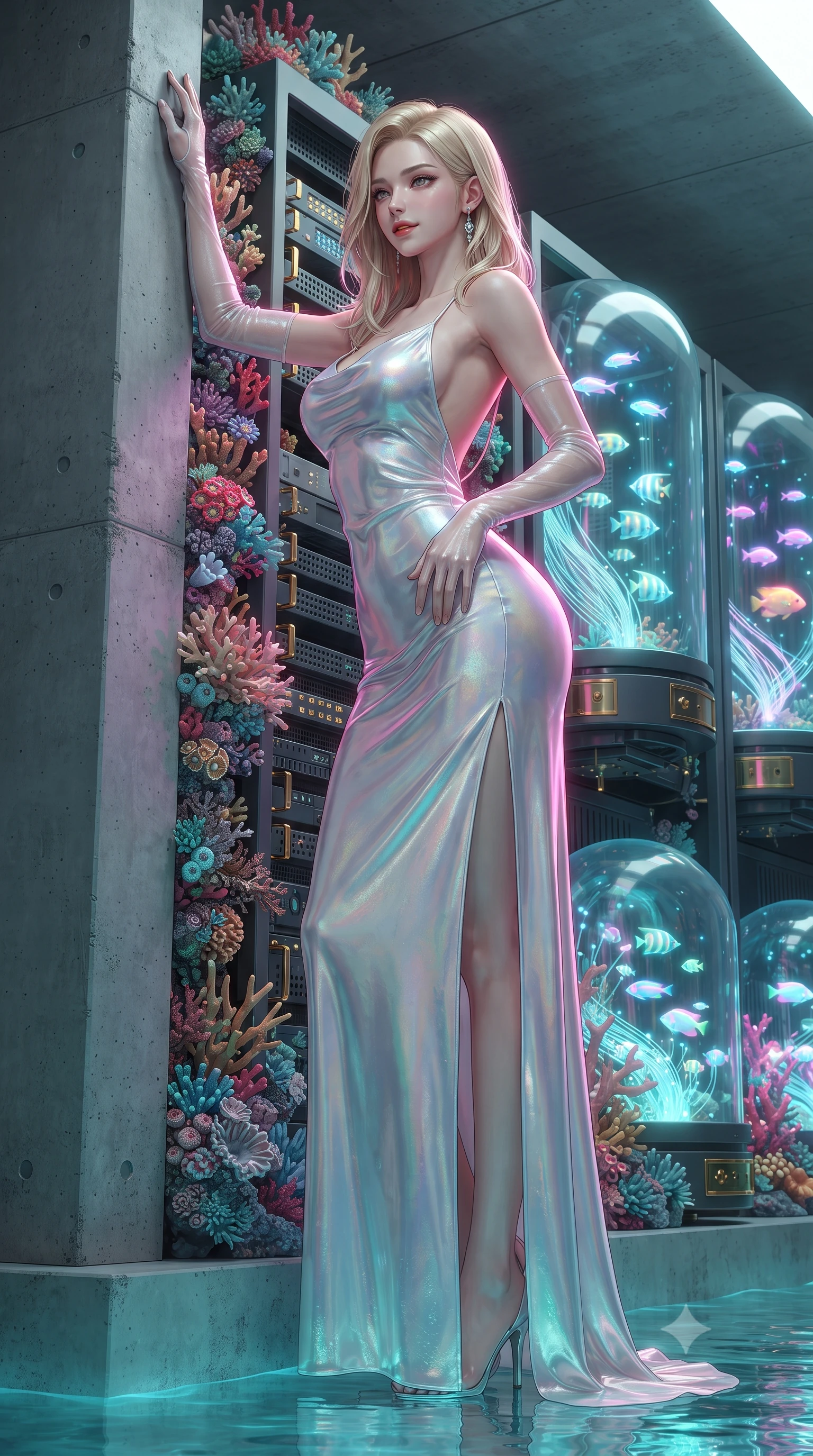 score_9, masterpiece, best quality, ultra-detailed, high-budget anime keyframe, editorial fashion photography, tasteful artistic composition, Korean woman. low angle full-body shot from head to toe showing her feet, filling the entire 9:16 vertical frame with her statuesque presence, stretching her vertical silhouette. standing tall beside the architectural column, one hand resting high while arching her lower back to emphasize her sculpted feminine hips and slender waist while leaning against the coral-encrusted server rack with hips cocked back, watching luminescent neon reef fish dart through fiber-optic cables with smoldering bedroom-eyes. The surrounding environment is rendered in vivid detail and crisp panoramic clarity: sharp coral polyp textures, gold-plated server connection pins, and crystal-clear dome acrylic bevels in deep focus. She has an exceptionally tall and slender model-like 8.5-heads proportion, an ultra-slim waist, a flat toned midriff, narrow delicate ribcage, and beautifully sculpted feminine hips creating a graceful, slim hourglass silhouette without any bulky heaviness, with impossibly long slender legs. sharp v-shaped jawline, high-bridge nose, intricate jewel-like sparkling eyes with depth, thick eyelashes, glossy parted lips with a natural peach sheen, bright cheerful beaming smile with an enchanting and coquettish sensual glint, exuding both youthful cute charm and seductive allure, flawlessly proportioned anatomical accuracy, strict slender model proportions, natural body alignment, perfectly sculpted long slender limbs, ultra-slim waistline, clean dynamic posture without body distortion. wearing a form-contouring gossamer silk chiffon combat slip dress with a hip-high slit and open cowl back clinging with dewy moisture in iridescent mother-of-pearl and liquid molten silver, tailored from high-gloss patent leather with mirror-like specular highlights, complemented by sheer opera-length evening gloves tracing her slender arms, the second-skin tailored fabric adhering flawlessly to her sculpted flat midriff and slender torso, emphasizing her long leg lines and perfectly proportioned willowy build. illuminated by turquoise water reflection bounce and sharp neon-pink rim lights defining her jawline, narrow waist, and curvy hips. ultra-reflective glossy finish, specular highlights, rich textural contrasts, high-contrast stereoscopic depth, volumetric dynamic lighting, 2k, ultra detail, master piece, 9:16 ratio