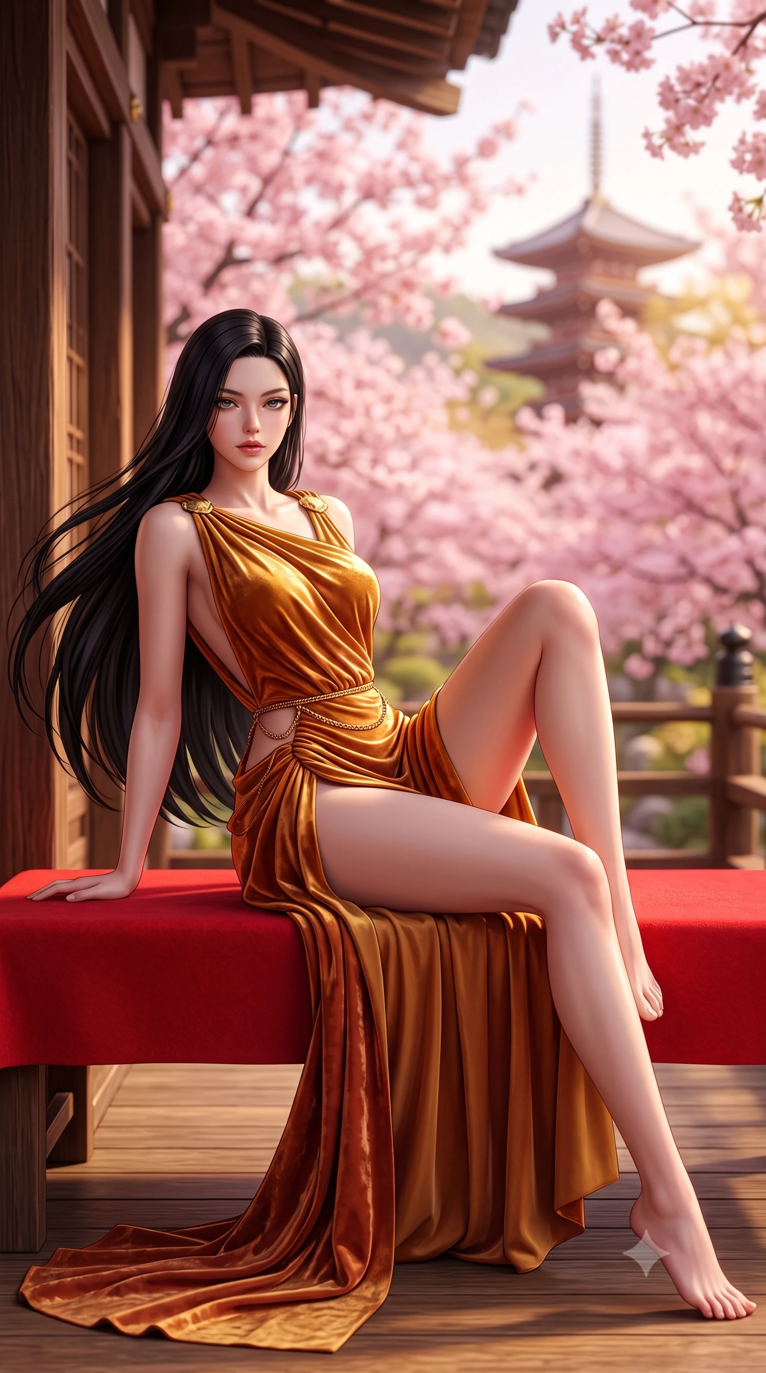 score_9, masterpiece, best quality, ultra-detailed, high-budget anime keyframe, semi-realistic 3D game render, editorial fashion photography, tasteful artistic composition, Korean woman. low angle full-body shot from head to toe showing her feet, filling the entire 9:16 vertical frame with her statuesque presence, stretching her vertical silhouette. reclining on her side in an elegant Cleopatra pose with one knee drawn up, the dramatic contour of her rounded hips and long slender legs commanding the 9:16 vertical frame while reclining on a red felt bench beside the temple hall, her long slender legs and narrow waist highlighted against the distant Kyoto city skyline. The composition keeps background elements in soft focus with creamy bokeh. endless canopy of blooming pink sakura cherry blossoms and distant Kyoto pagoda spires blurred into soft rose-pink, gold, and spring-green bokeh. She has an exceptionally tall and slender model-like 8.5-heads proportion, an ultra-slim waist, a flat toned midriff, narrow delicate ribcage, and beautifully sculpted feminine hips creating a graceful, slim hourglass silhouette without any bulky heaviness, with impossibly long slender legs. sharp v-shaped jawline, high-bridge nose, intricate jewel-like eyes with depth, thick eyelashes, glossy parted lips with a natural sheen, intensely captivating and seductive bedroom-eyes expression, flawlessly proportioned anatomical accuracy, strict slender model proportions, natural body alignment, perfectly sculpted long slender limbs, ultra-slim waistline, clean dynamic posture without body distortion. wearing a high-slit Grecian goddess draped gown with asymmetrical gold shoulder clasps and hip gathering in molten desert gold and burnt terracotta, crafted from heavyweight crushed silk velvet with liquid vintage luster, accented with a delicate gold chain belt resting loosely on her curvy hips, the second-skin form-contouring cut accentuating her sculpted flat midriff, narrow delicate ribcage, and gracefully curvy hips with supermodel precision. illuminated by warm wooden deck bounce light sculpting her razor-sharp jawline, narrow waist, and curvy hips. highly saturated vibrant anime colors, detailed shading with soft gradients, rich glossy textures, high-contrast stereoscopic depth, volumetric dynamic lighting, master piece, 9:16 ratio