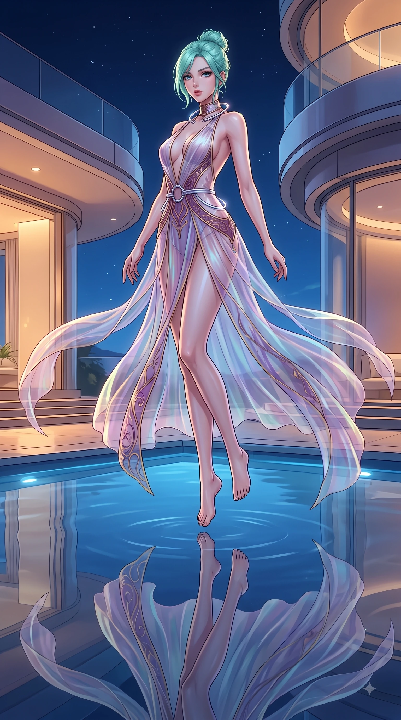 score_9, masterpiece, best quality, ultra-detailed, high-budget anime keyframe, editorial fashion photography, tasteful artistic composition, Japanese woman. low angle full-body shot from head to toe showing her feet, filling the entire 9:16 vertical frame with her statuesque presence, stretching her vertical silhouette. pivoting dynamically in zero-gravity with fluid S-curve alignment, displaying her perfect model proportions while stepping along a private pool terrace as gentle night breezes flutter her translucent gossamer gown, still pool water reflecting her statuesque figure and the dramatic night sky flawlessly. She has an absolutely perfect, statuesque 8.5-heads proportion, an exceptionally tall and slender model-like female figure with impossibly long slender legs and an ultra-slim waist. sharp v-shaped jawline, high-bridge nose, intricate jewel-like eyes with depth, thick eyelashes, glossy lips with a natural sheen, flawlessly proportioned anatomical accuracy, natural body alignment, perfectly sculpted elegant limbs, clean dynamic posture without body distortion. wearing a translucent iridescent chiffon gown with a plunging neckline and open back in plum purple and gold filigree, woven from fine semi-opaque sheer organza, accented with delicate chrome ring hardware framing her waist, the tailored fabric tightly following every curve of her athletic build. bathed in warm luxury ambient lighting and soft silver moonlight tracing every curve. highly saturated vibrant anime colors, detailed shading with soft gradients, rich glossy textures, high-contrast stereoscopic depth, volumetric dynamic lighting, master piece, 9:16 ratio