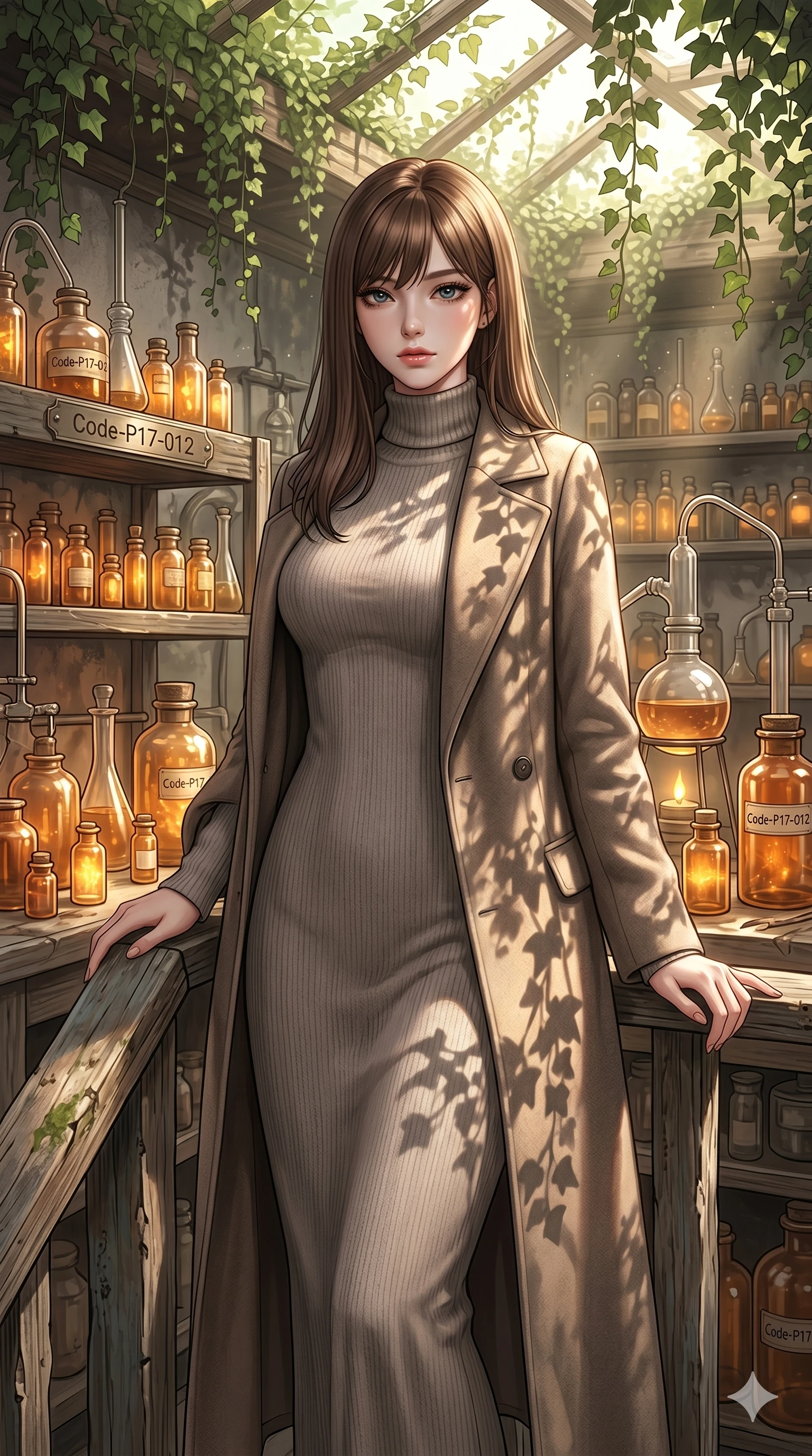 score_9, masterpiece, best quality, ultra-detailed, high-budget anime keyframe, editorial fashion photography, tasteful artistic composition, Korean woman. cowboy shot from the thighs up, character and outfit filling the frame for maximum editorial presence. resting one hand on the wooden railing, casting a bedroom-eyes gaze directly at the camera inside an alchemist's glass workshop filled with glowing amber vials (Code-P17-012). She has an absolutely perfect 8-heads proportion, an exceptionally tall and slender female figure with impossibly long slender legs and an ultra-slim waist. V-shaped jawline, high-bridge nose, intricate jewel-like eyes with depth, thick eyelashes, glossy lips with a natural sheen. wearing a long-sleeved high-neck knit maxi dress with a warm wool coat. drenched in brilliant afternoon sunshine, casting shadows of hanging ivy leaves over her form. 2k, ultra detail, master piece, 9:16 ratio