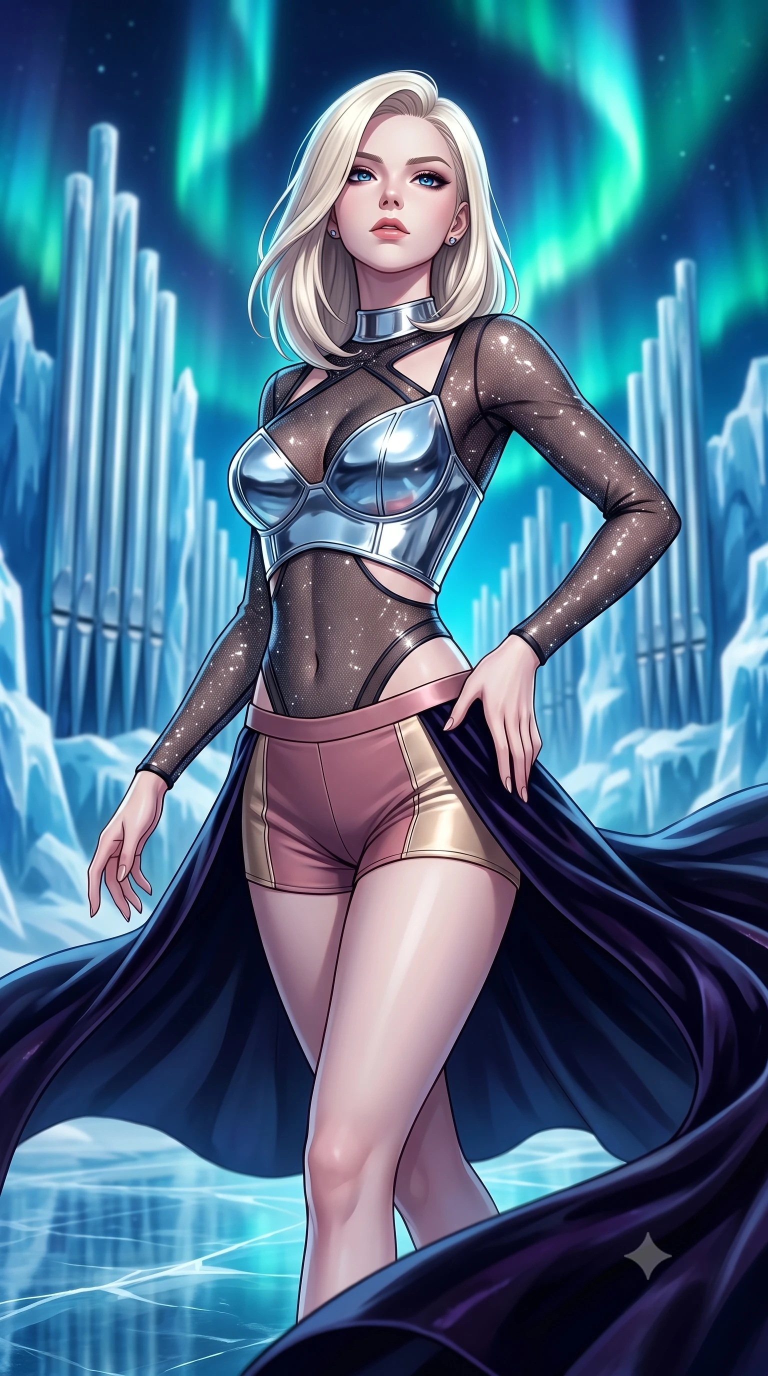 score_9, masterpiece, best quality, ultra-detailed, high-budget anime keyframe, editorial fashion photography, tasteful artistic composition, Caucasian woman. close-up cowboy shot from the waist and thighs up, the character dominates the composition, filling the frame with her large presence, background elements kept in soft focus. Tilting her chin up with an air of effortless superiority while balancing dynamically amidst the scene while pivoting in a mid-stride turn while her velvet gown swirls over a glacial mirror floor, frozen organ pipes reflecting vivid green and cyan polar aurora lights dynamically. She has an exceptionally elegant, slender, and willowy female figure with an ultra-slim waist, a gracefully sculpted slender torso, and a refined silhouette. sharp v-shaped jawline, high-bridge nose, intricate jewel-like eyes with depth, thick eyelashes, glossy lips with a natural sheen, flawlessly proportioned anatomical accuracy, natural body alignment, perfectly sculpted elegant limbs, clean dynamic posture without body distortion. wearing a chrome-plated structured bodice worn over a sheer mesh top and micro-shorts in dusty rose and champagne gold, formed from sleek second-skin neoprene, featuring subtle geometric cutouts that highlight her ultra-slim midriff, the elegant draped fit framing her graceful clavicle and slender torso. surrounded by a high-contrast icy luminescence and deep velvet shadows. highly saturated vibrant anime colors, detailed shading with soft gradients, rich glossy textures, high-contrast stereoscopic depth, volumetric dynamic lighting, master piece, 9:16 ratio