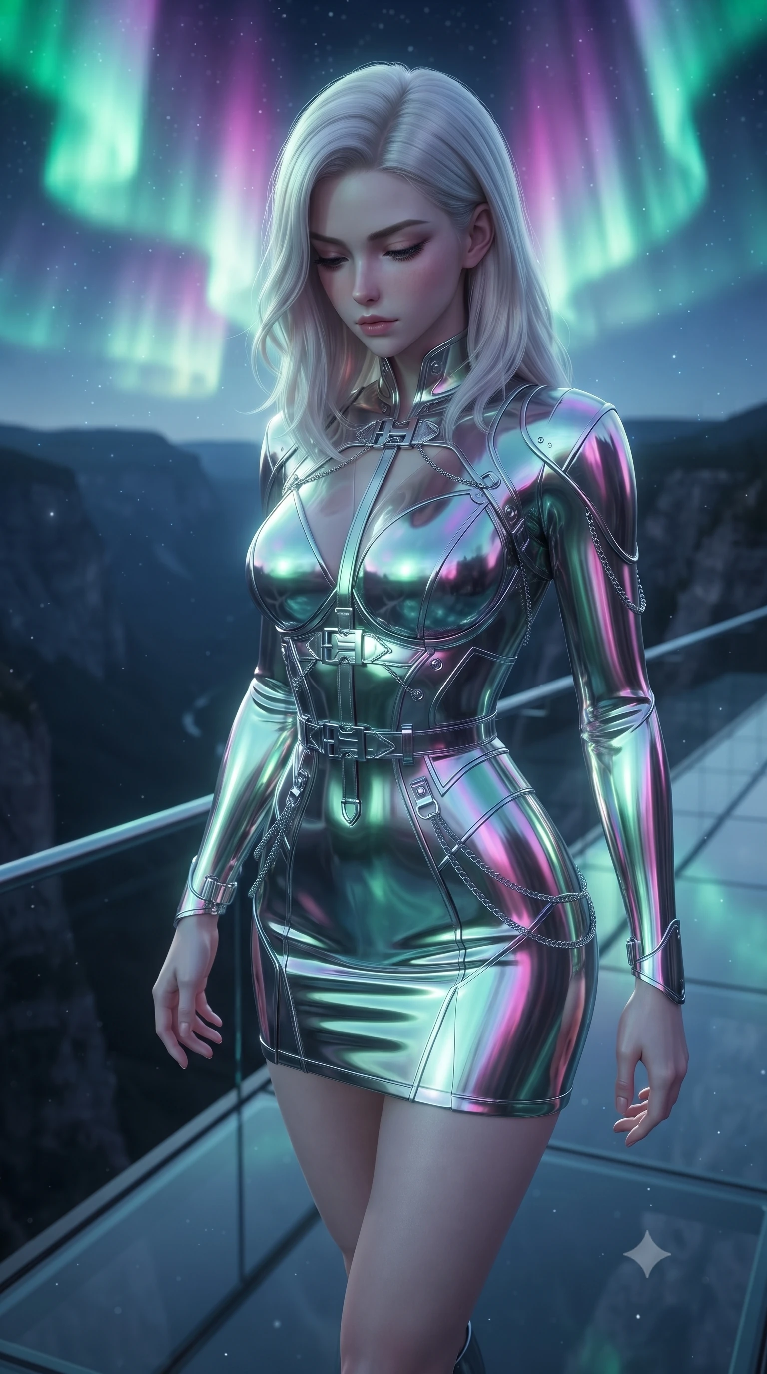 score_9, masterpiece, best quality, ultra-detailed, high-budget anime keyframe, editorial fashion photography, tasteful artistic composition, Caucasian woman. close-up cowboy shot from the waist and thighs up, the character dominates the composition, filling the frame with her large presence, background elements kept in soft focus. Looking down with lowered lashes and a composed, powerful aura, navigating a glass skywalk suspended over a dark mountain canyon with aurora, fine starlight dust floating in the cool mountain night air. She has an exceptionally elegant, slender, and willowy female figure with an ultra-slim waist, a gracefully sculpted slender torso, and a refined silhouette. sharp v-shaped jawline, high-bridge nose, intricate jewel-like eyes with depth, thick eyelashes, glossy lips with a natural sheen. wearing aerodynamic second-skin rose-gold metallic bodycon dress in sky blue turquoise, made of sculpted platinum chrome, framed by polished silver buckles and delicate chain details, highlighting her statuesque proportions and ultra-slim waistline. illuminated by shifting aurora borealis palette (emerald, magenta, violet) from above. ultra-reflective glossy finish, specular highlights, metallic sheen, high-contrast stereoscopic depth, volumetric dynamic lighting, 2k, ultra detail, master piece, 9:16 ratio