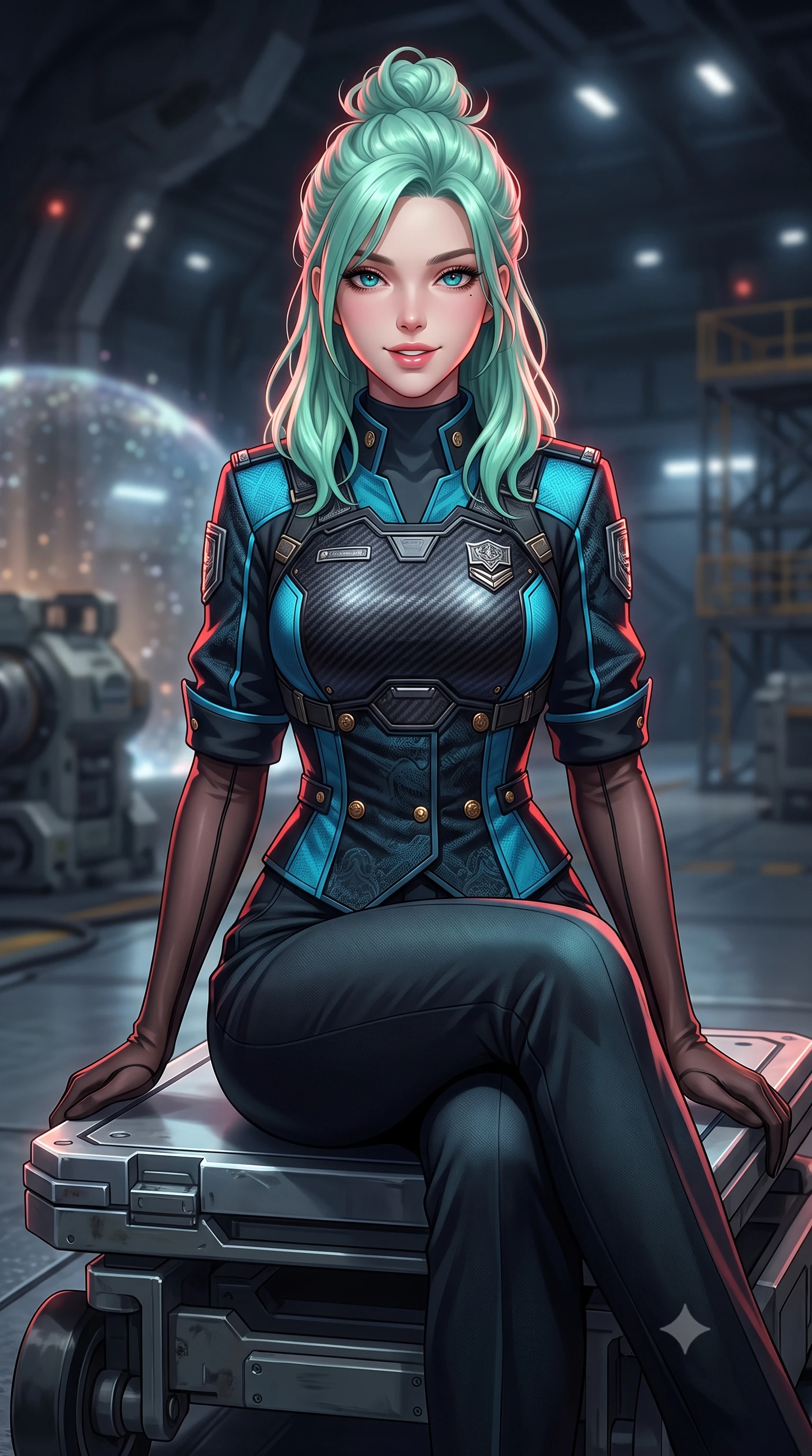 score_9, masterpiece, best quality, ultra-detailed, high-budget anime keyframe, semi-realistic 3D game render, editorial fashion photography, tasteful artistic composition, Japanese woman. close-up cowboy shot from the waist and thighs up, the character dominates the composition, filling the frame with her large presence. leaning forward while arching her lower back to accentuate her curvy hips, looking into the camera with an intoxicating smoldering gaze and bedroom-eyes while sitting gracefully on the antigravity equipment dolly with legs crossed, flashing a radiant, playful smile with parted glossy lips. The background shows a soft-focus containment field shimmer softened in asteroid hangar sanctuary shallow focus. She has an exceptionally elegant, slender, and willowy female figure with an ultra-slim waist, flat toned midriff, narrow ribcage, and sculpted feminine hips creating an alluring, slim hourglass silhouette without bulk. sharp v-shaped jawline, high-bridge nose, intricate jewel-like sparkling eyes with depth, thick eyelashes, glossy parted lips with a natural peach sheen, bright cheerful beaming smile with an enchanting and coquettish sensual glint, exuding both youthful cute charm and seductive allure, flawlessly proportioned anatomical accuracy, strict slender model proportions, natural body alignment, perfectly sculpted long slender limbs, ultra-slim waistline, clean dynamic posture without body distortion. wearing a structured cyber-infantry dress uniform jacket with carbon-fiber chest plating and brass buttons over a mock-neck top and tailored wool trousers in tactical obsidian black and high-voltage cyan, woven from structured carbon-fiber jacquard with rich textural depth, complemented by sheer opera-length evening gloves tracing her slender arms, the impeccably tailored cut draping gracefully along her slender figure with aristocratic poise. illuminated by titanium floor reflection bounce and sharp Mars-red rim lights defining her jawline, narrow waist, and curvy hips. highly saturated vibrant anime colors, detailed shading with soft gradients, rich glossy textures, high-contrast stereoscopic depth, volumetric dynamic lighting, master piece, 9:16 ratio