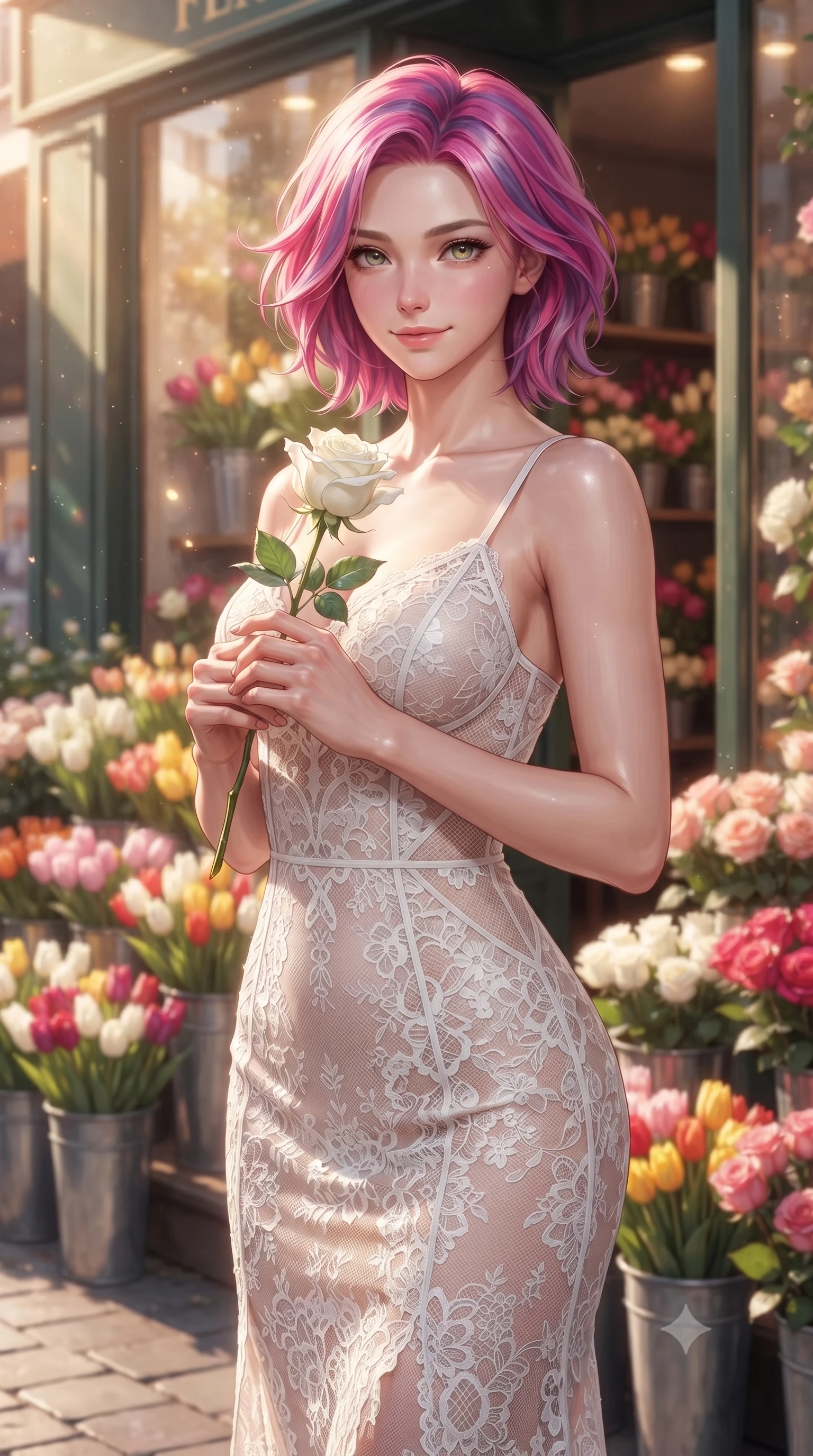 score_9, masterpiece, best quality, ultra-detailed, high-budget anime keyframe, editorial fashion photography, tasteful artistic composition, Caucasian woman woman. close-up cowboy shot from the waist and thighs up, the character dominates the composition, filling the frame with her large presence, background elements kept in soft focus. gazing directly at the viewer with a calm and welcoming expression, holding a fresh flower the background shows a soft-focus the front of a chic flower shop in the city, with buckets of fresh tulips and roses on the sidewalk. She has an exceptionally elegant, slender, and willowy female figure with an ultra-slim waist, a gracefully sculpted slender torso, and a refined silhouette. sharp v-shaped jawline, high-bridge nose, intricate jewel-like eyes with depth, thick eyelashes, glossy lips with a natural sheen. wearing a tailored delicate white lace slip dress with semi-transparent panels, tracing her elegant curves. warm afternoon sunbeams reflecting off the glass shopfront and colorful flowers. ultra-reflective glossy finish, specular highlights, metallic sheen, high-contrast stereoscopic depth, volumetric dynamic lighting, 2k, ultra detail, master piece, 9:16 ratio