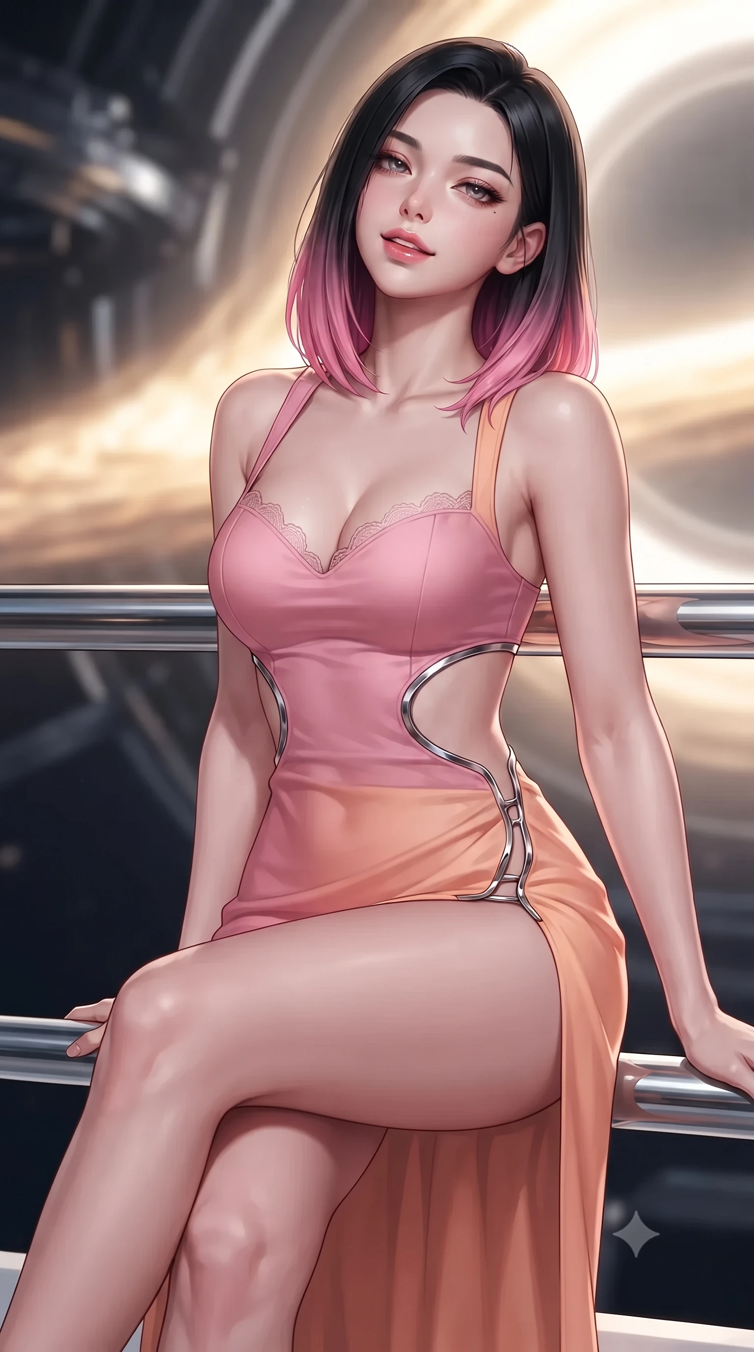score_9, masterpiece, best quality, ultra-detailed, high-budget anime keyframe, editorial fashion photography, tasteful artistic composition, Korean woman. close-up cowboy shot from the waist and thighs up, the character dominates the composition, filling the frame with her large presence. leaning back against the balustrade with relaxed seductive grace, head tilted back slightly while casting a hypnotic, heavy-lidded gaze while sitting gracefully on the ergonomic captain chair with legs crossed, flashing an enchanting smile with parted glossy lips as light bends around her. The background shows a soft-focus plasma containment field hum softened in quantum singularity observation bridge shallow focus. She has an exceptionally elegant, slender, and willowy female figure with an ultra-slim waist, flat toned midriff, narrow ribcage, and sculpted feminine hips creating an alluring, slim hourglass silhouette without bulk. sharp v-shaped jawline, high-bridge nose, intricate jewel-like sparkling eyes with depth, thick eyelashes, glossy parted lips with a natural peach sheen, bright cheerful beaming smile with an enchanting and coquettish sensual glint, exuding both youthful cute charm and seductive allure, flawlessly proportioned anatomical accuracy, strict slender model proportions, natural body alignment, perfectly sculpted long slender limbs, ultra-slim waistline, clean dynamic posture without body distortion. wearing a provocative open-waist cutout mini dress framed by polished chrome hardware and thigh-high slit in Solaris liquid rose-quartz and alien peach, made of fluid liquid jersey with seamless sculpting hold and smooth contours, finished with scalloped eyelash lace trim framing her sweetheart neckline with intimate elegance, the high-slit wrap tailoring accentuating her ultra-slim waistline and the enchanting curve of her feminine hips with alluring seductive charm. bathed in the blinding golden synchrotron radiation of the accretion disk contrasted with deep obsidian shadow gradients. ultra-reflective glossy finish, specular highlights, rich textural contrasts, high-contrast stereoscopic depth, volumetric dynamic lighting, 2k, ultra detail, master piece, 9:16 ratio