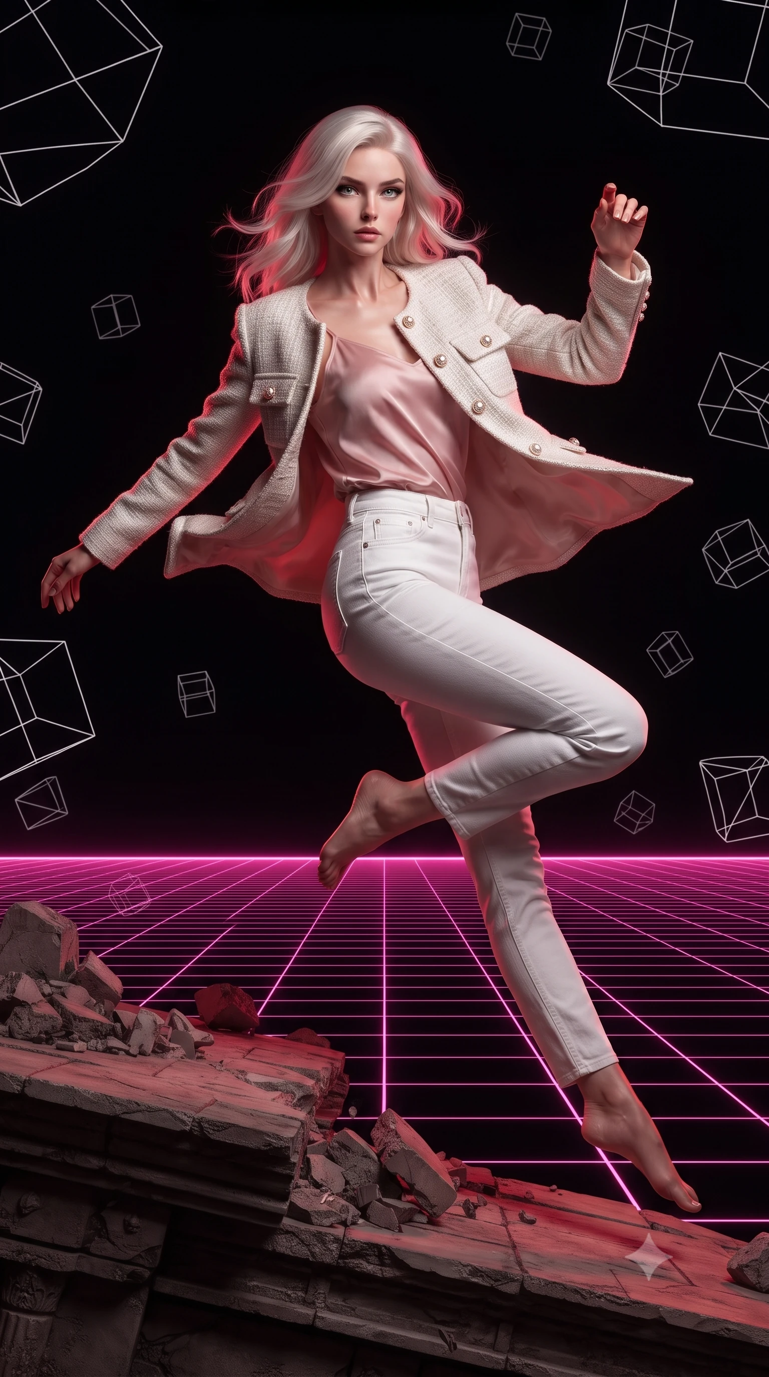 score_9, masterpiece, best quality, ultra-detailed, high-budget anime keyframe, editorial fashion photography, tasteful artistic composition, realistic cosplay photography, Caucasian woman, strictly human ears. low angle full-body shot from head to toe showing her feet, filling the entire 9:16 vertical frame with her statuesque presence, stretching her vertical silhouette. leaping off a collapsing ledge, twisting her body with flawless athletic balance through an endless dark void where a single neon-pink digital grid stretches to the horizon, white wireframe structures floating. She has a statuesque 8.5-heads proportion, an exceptionally tall, slender and willowy model-like build with impossibly long legs and a highly sculpted ultra-slim waist. sharp v-shaped jawline, high-bridge nose, intricate jewel-like eyes with depth, thick eyelashes, glossy lips with a natural sheen. wearing the lightweight fabric rippling and billowing dramatically with her movement, a form-contouring structured ivory tweed jacket with pearl buttons over a blush pink silk camisole and white denim trousers. deep crimson theatrical lighting with sharp specular highlights on every curve. ultra-reflective glossy finish, specular highlights, metallic sheen, high-contrast stereoscopic depth, volumetric dynamic lighting, 2k, ultra detail, master piece, 9:16 ratio